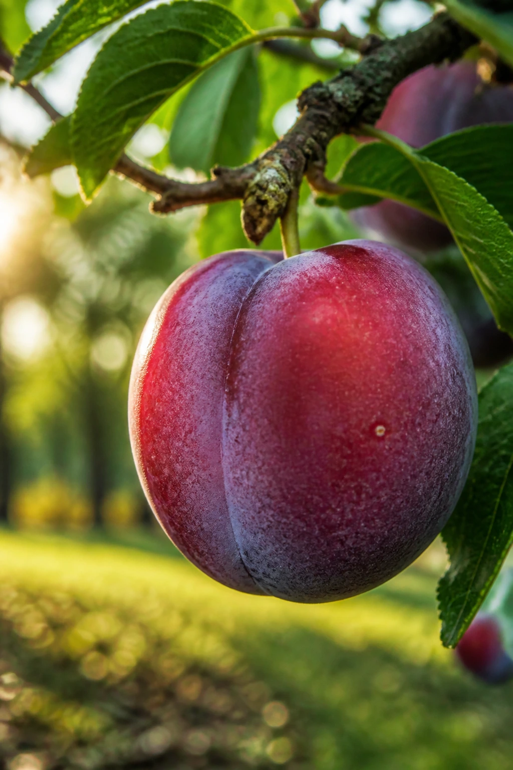 Low Hanging Fruit Meaning: Definition, Examples, & FAQs 7 Close-up of a ripe plum on a branch with dappled sunlight in a natural setting.