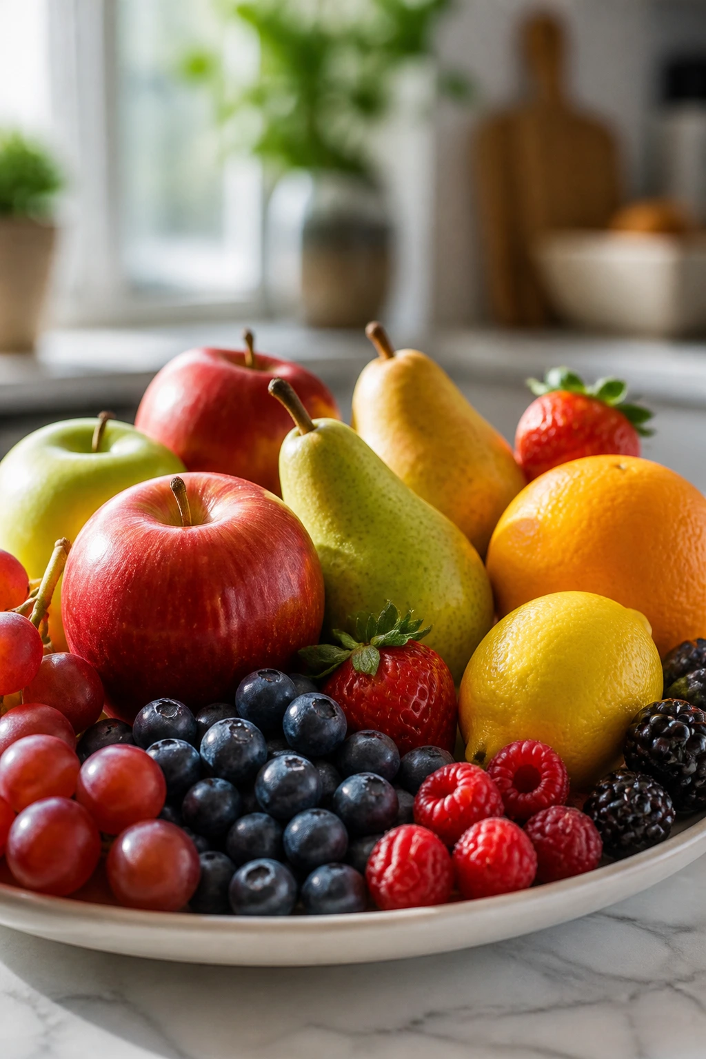 10 Low-Potassium Fruits to Add to Your Diet For A Healthy Living 1 Close-up of a colorful plate of low-potassium fruits on a bright kitchen counter