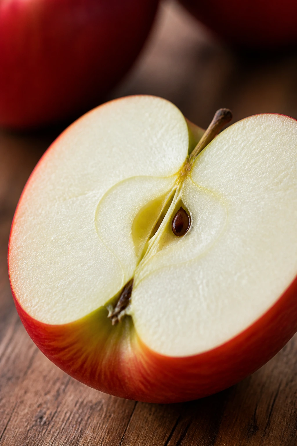Close-up of a crisp apple half highlighting low-sugar fruit options for teeth.