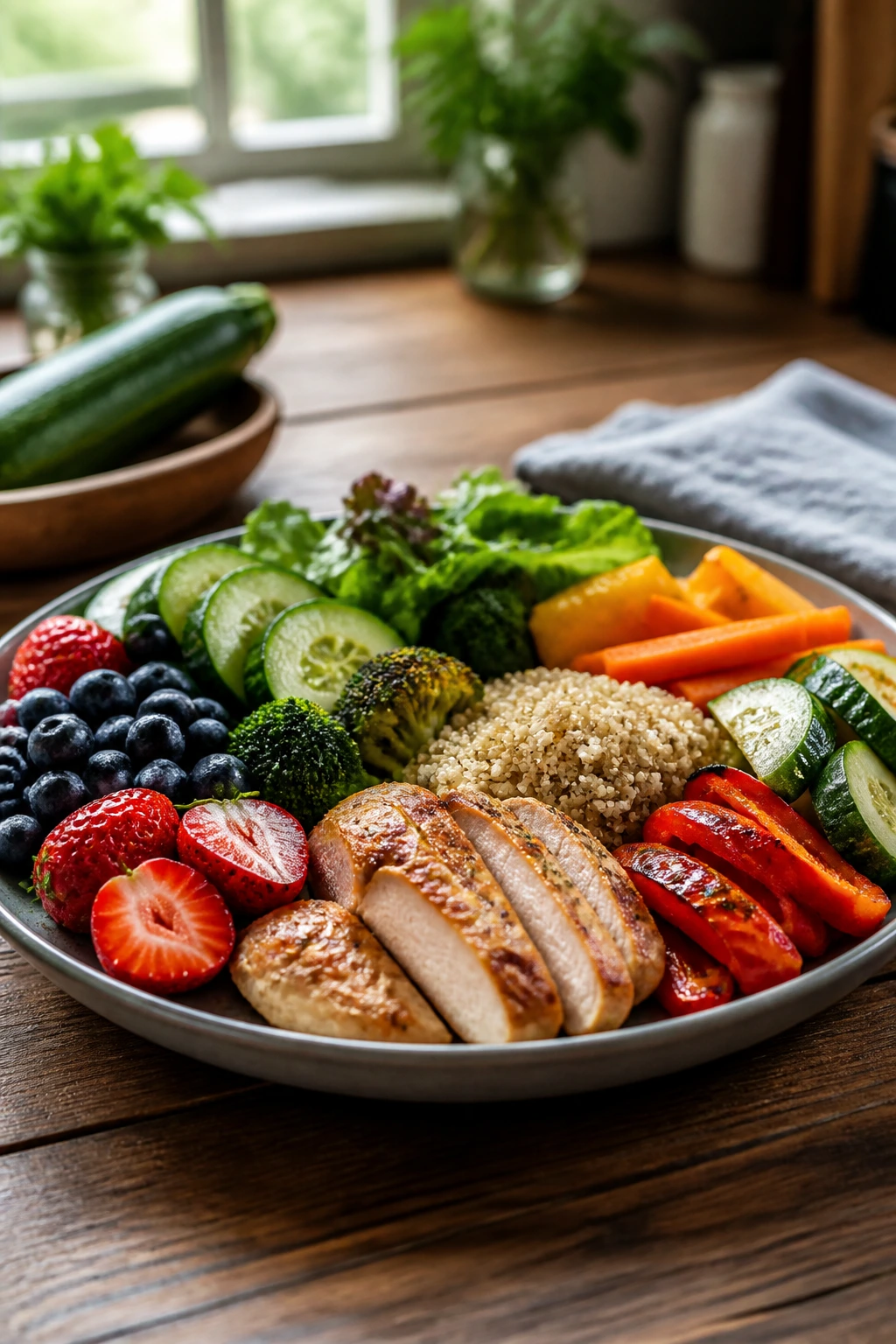 IBS Relief: Are Bananas Good For IBS? 7 Close-up plate of diverse low-FODMAP foods on rustic table illustrating diet variety for IBS