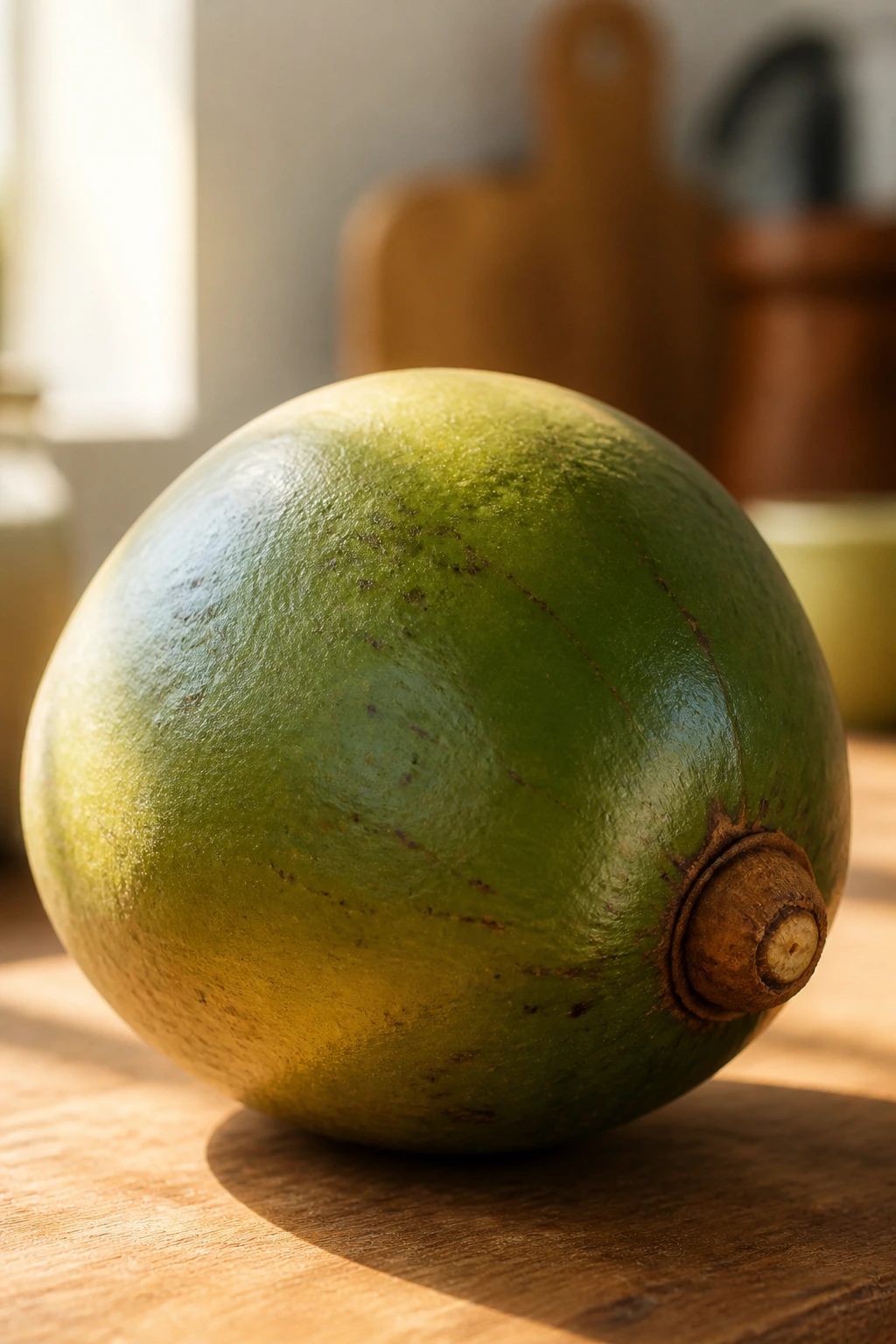 Lucuma Fruit: Nutrition Facts, Health Benefits, And More 6 Close-up of a single lucuma fruit against a soft kitchen backdrop.