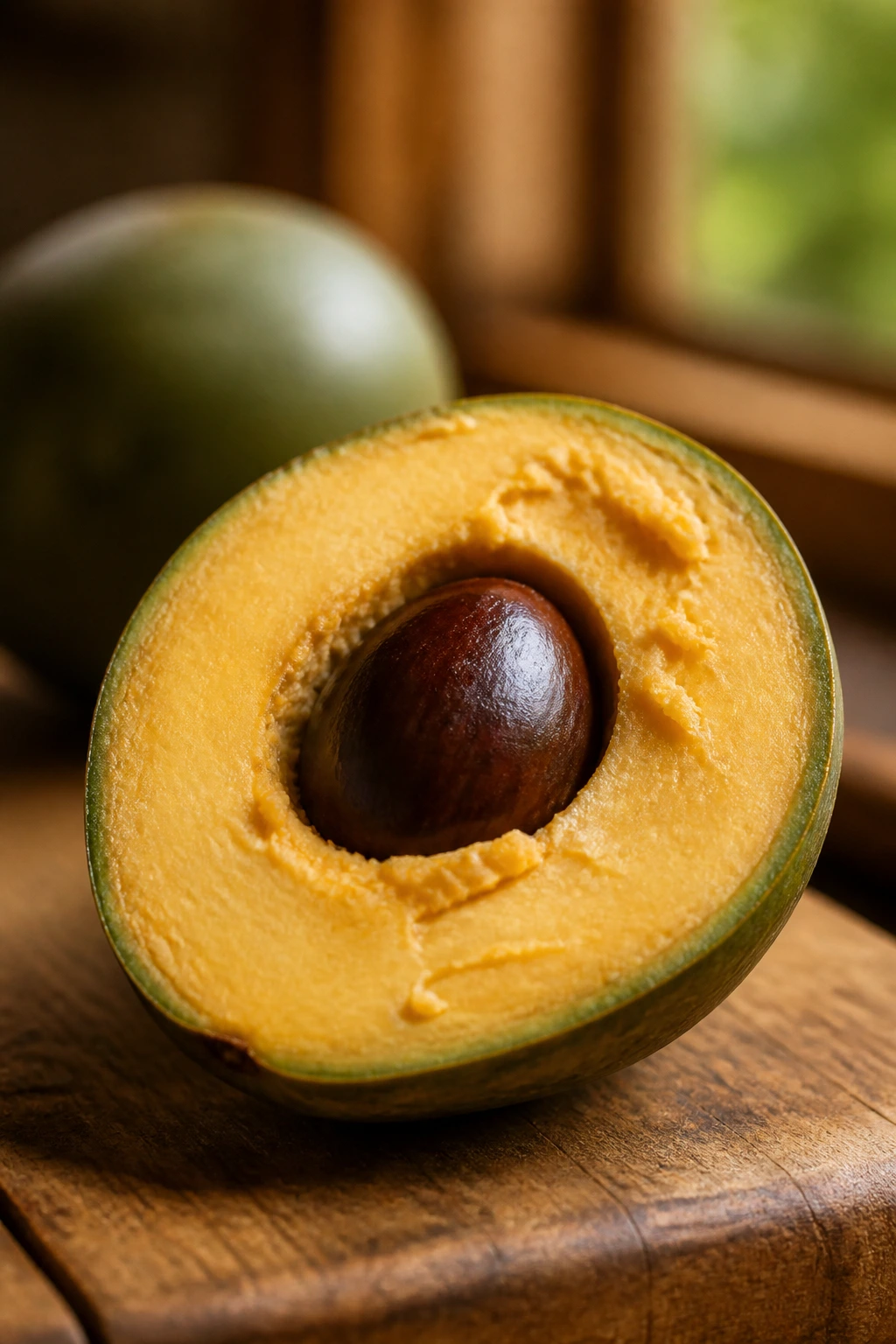 Lucuma Fruit: Nutrition Facts, Health Benefits, And More 1 Close-up halved lucuma fruit with pale orange flesh and seed.