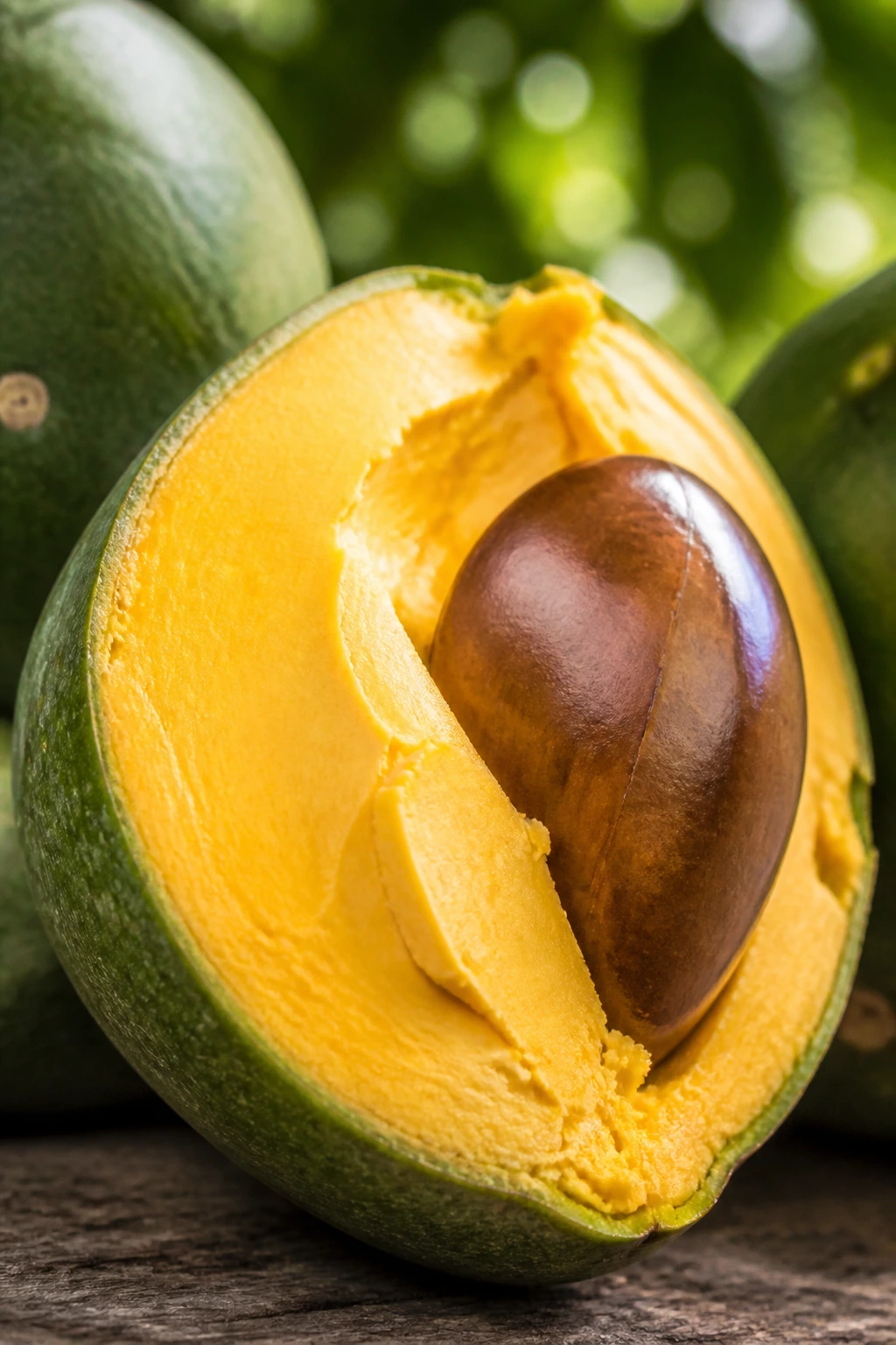 Lucuma Fruit: Nutrition Facts, Health Benefits, And More 4 Halved lucuma fruit with golden flesh and green skin.