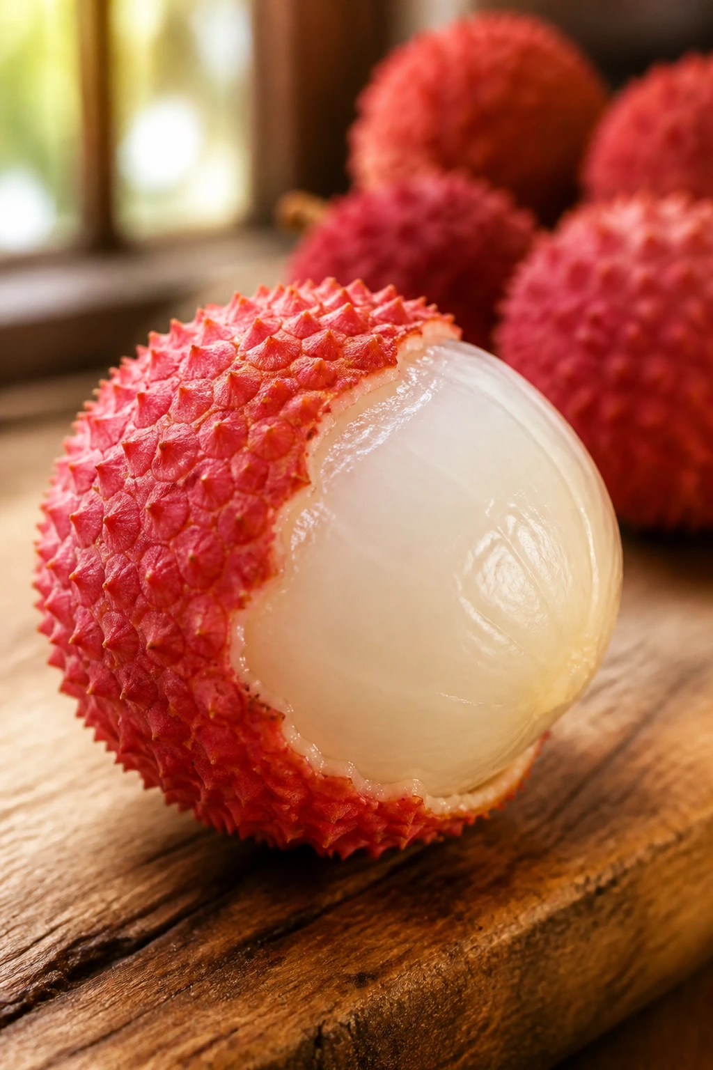 10 Amazing Fruits That Symbolize Happiness 1 Close-up of a ripe lychee fruit with red rind and white flesh on a wooden surface