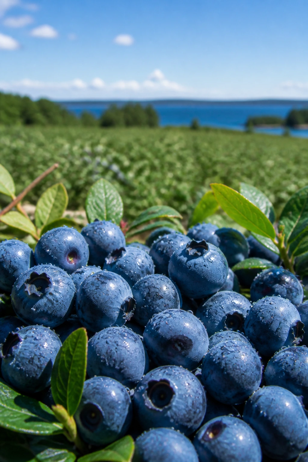 12 Interesting Fun Facts About Blueberries 12 Ripe blueberries with Maine field and coast in distance