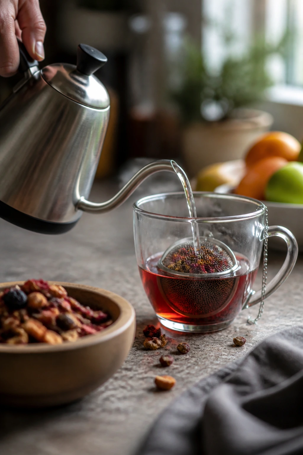 Caffeine Concerns: Does Fruit Tea Have Caffeine? 8 Hand pouring hot water into a cup with fruit tea infuser on a kitchen counter