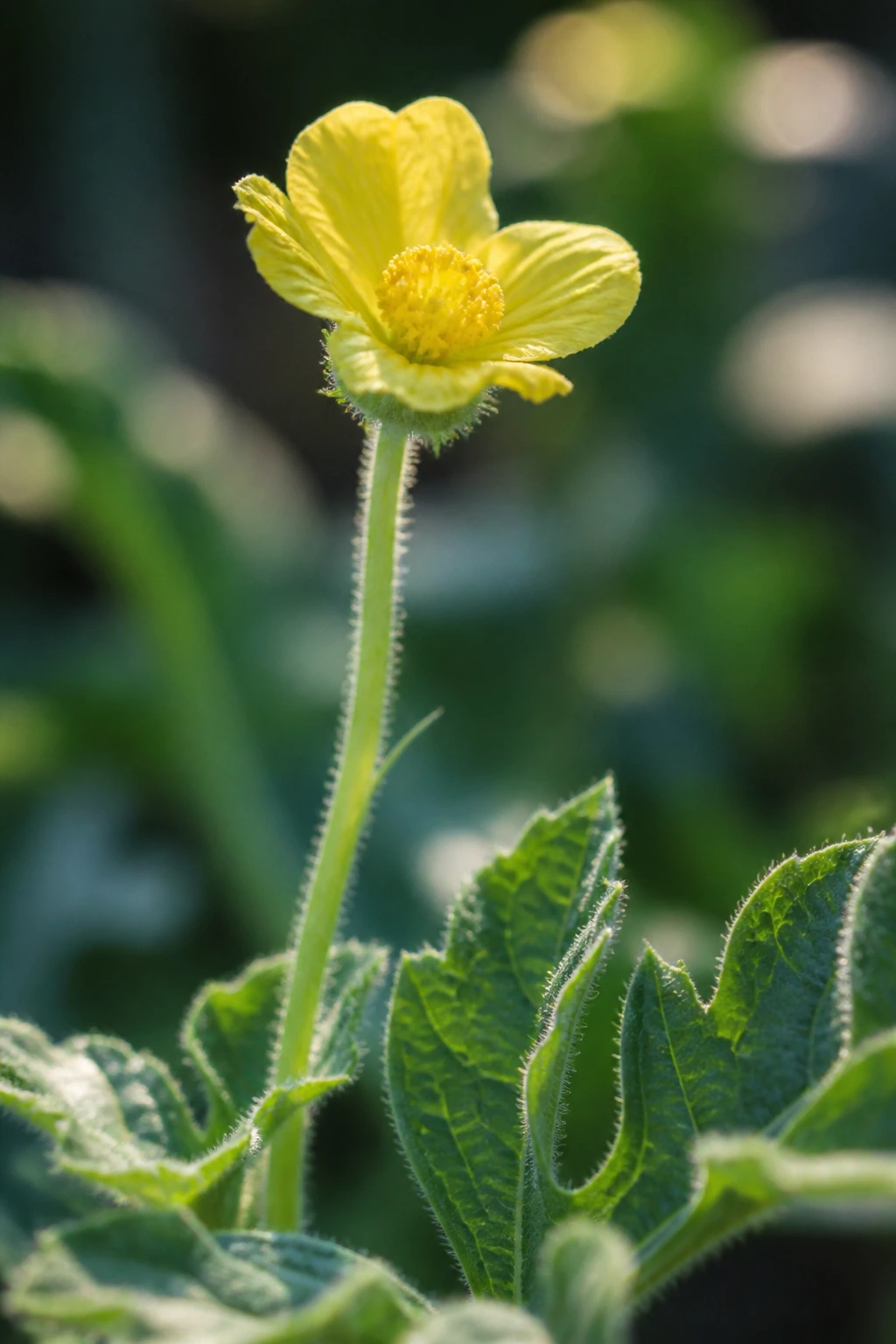 Close-up of a male watermelon blossom with long stem and yellow stamens