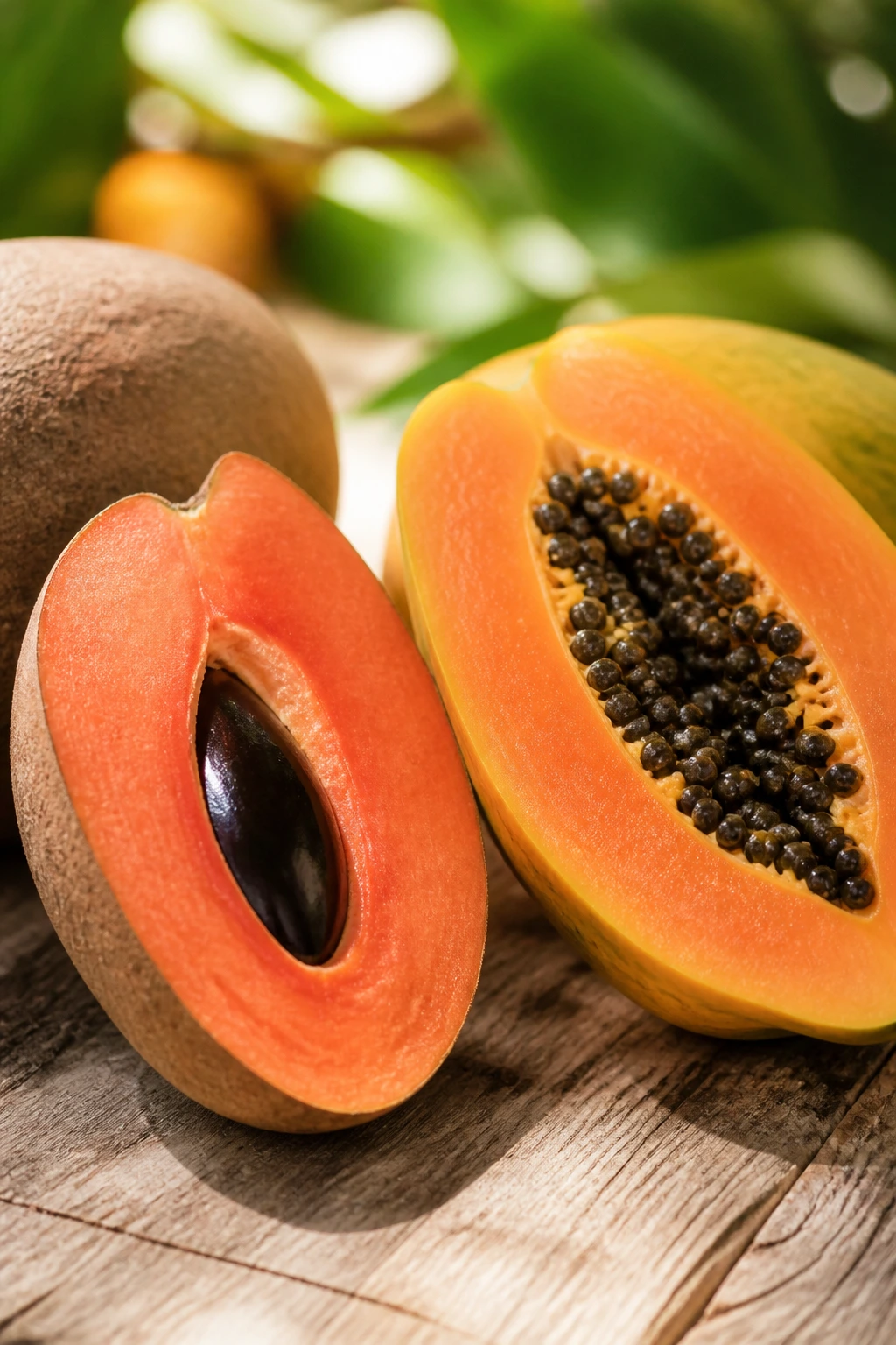 Mamey Vs Papaya: Which is Better for You? 6 Mamey and papaya halves on wood surface showcasing vibrant textures