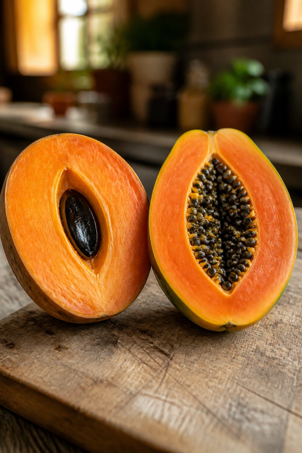 Mamey Vs Papaya: Which is Better for You? 5 Close-up of mamey and papaya halves on a wooden board