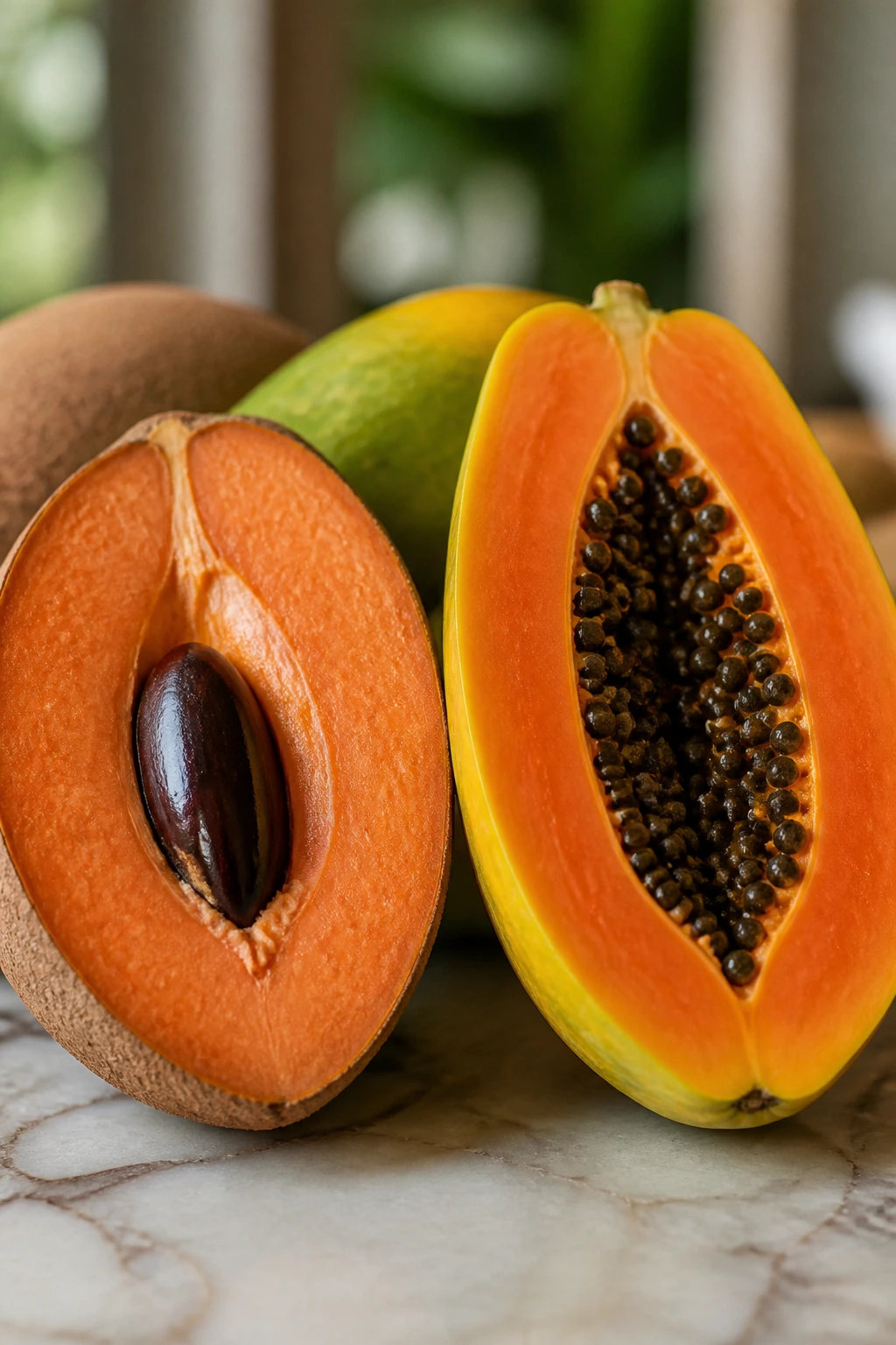 Mamey Vs Papaya: Which is Better for You? 8 Split mamey and papaya halves side by side
