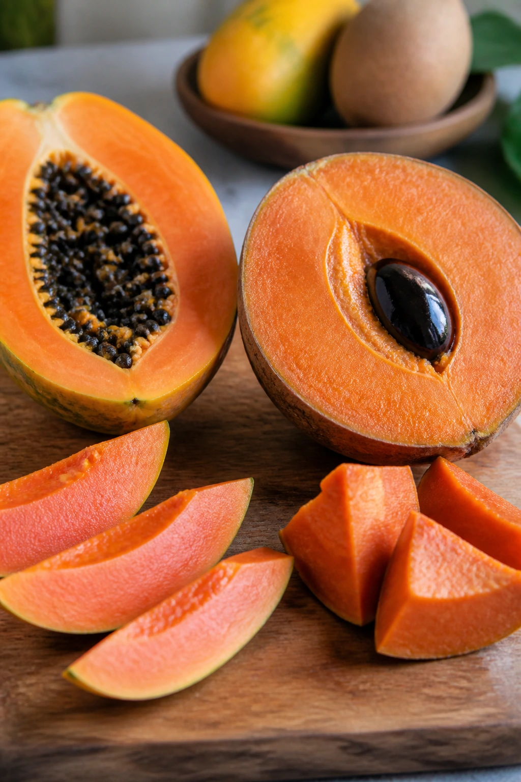 Mamey Vs Papaya: Which is Better for You? 7 Mamey and papaya halves with slices arranged on wood board