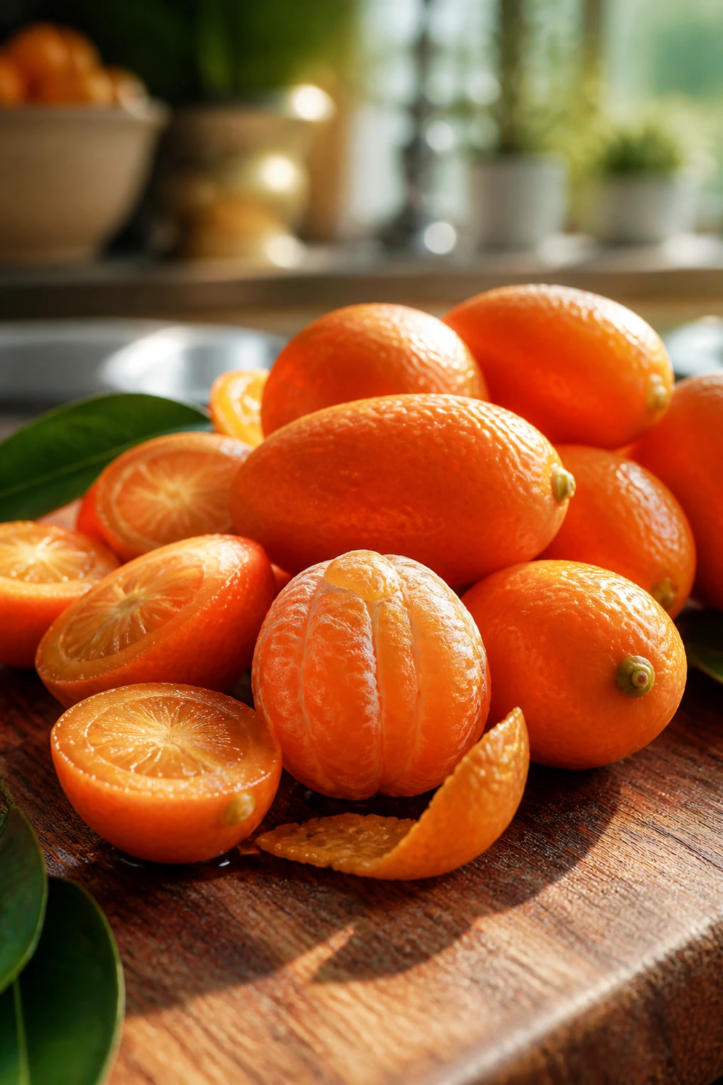 Close-up of bright mandarinquats on a cutting board showing peeled segments in warm kitchen light