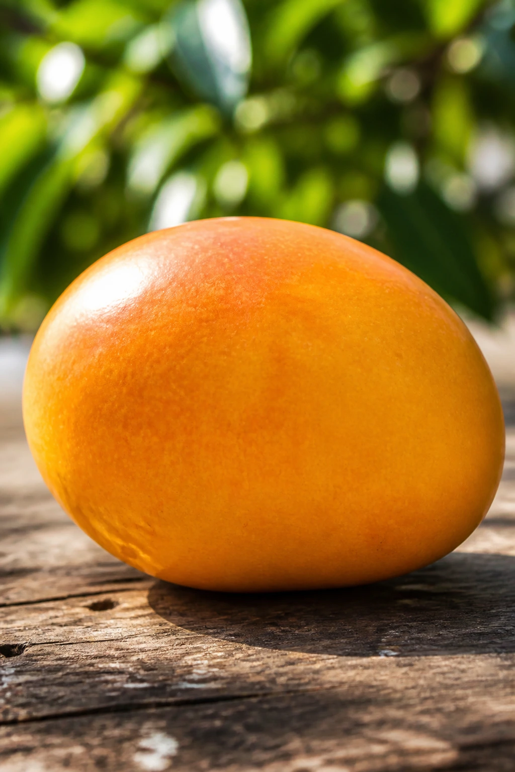 Macro close-up of a single Alphonso mango on a wooden table