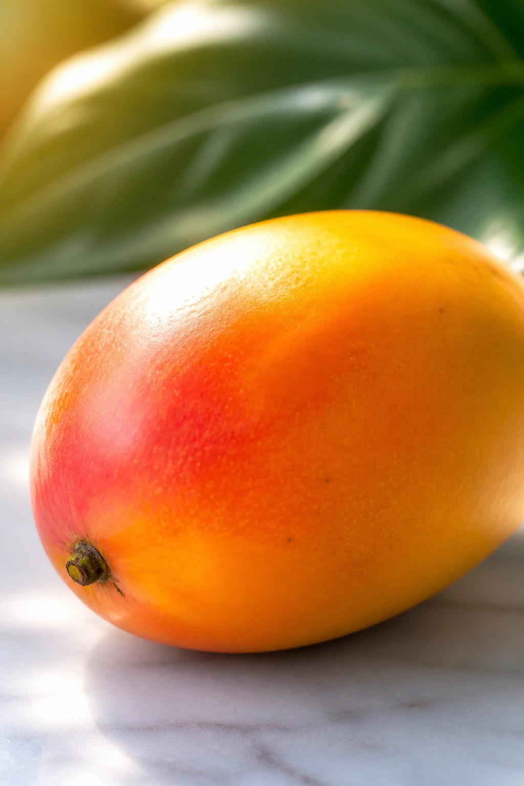 Mango with leaf in sunlit setting
