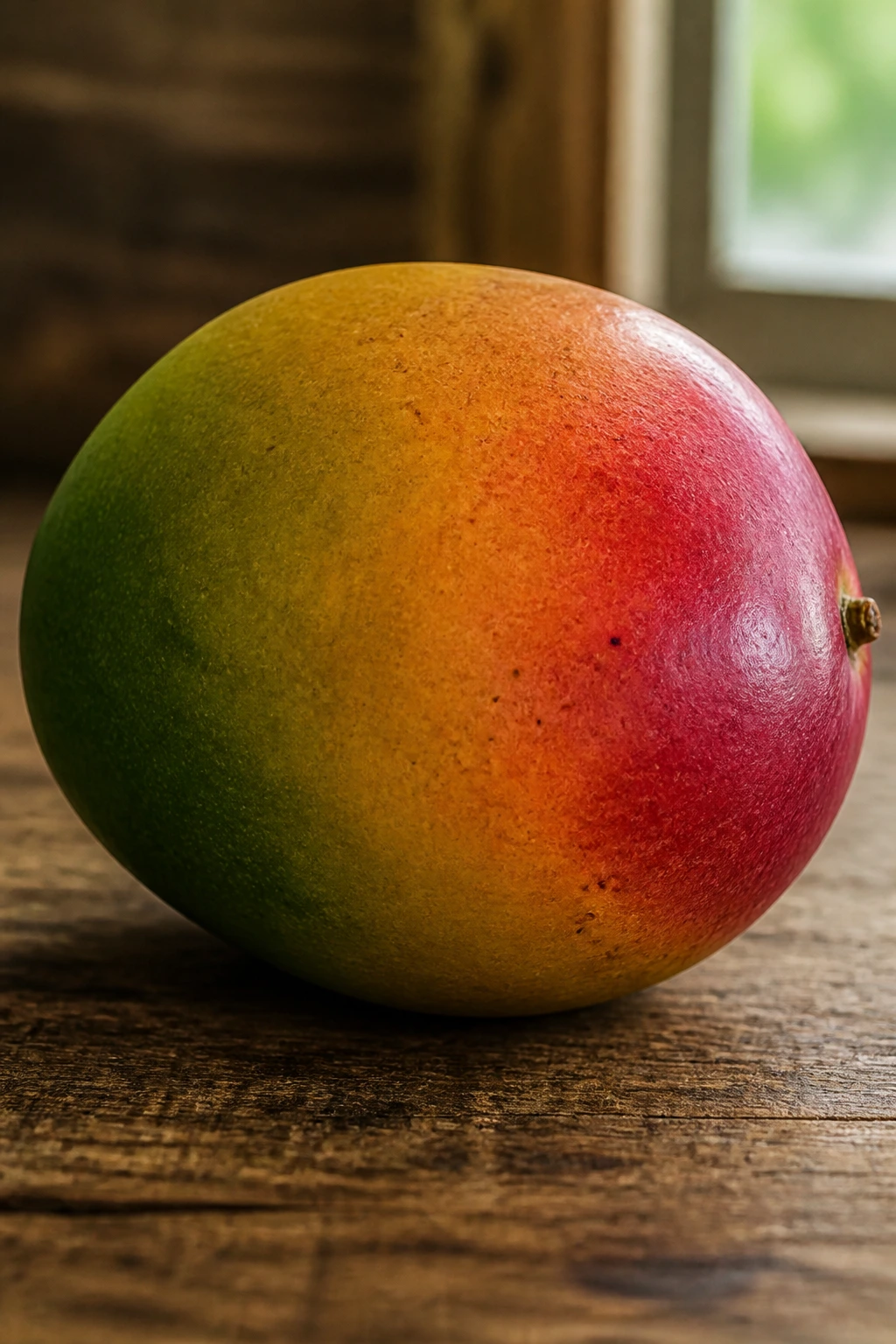 Close-up of a ripe mango showing color gradient from green to red