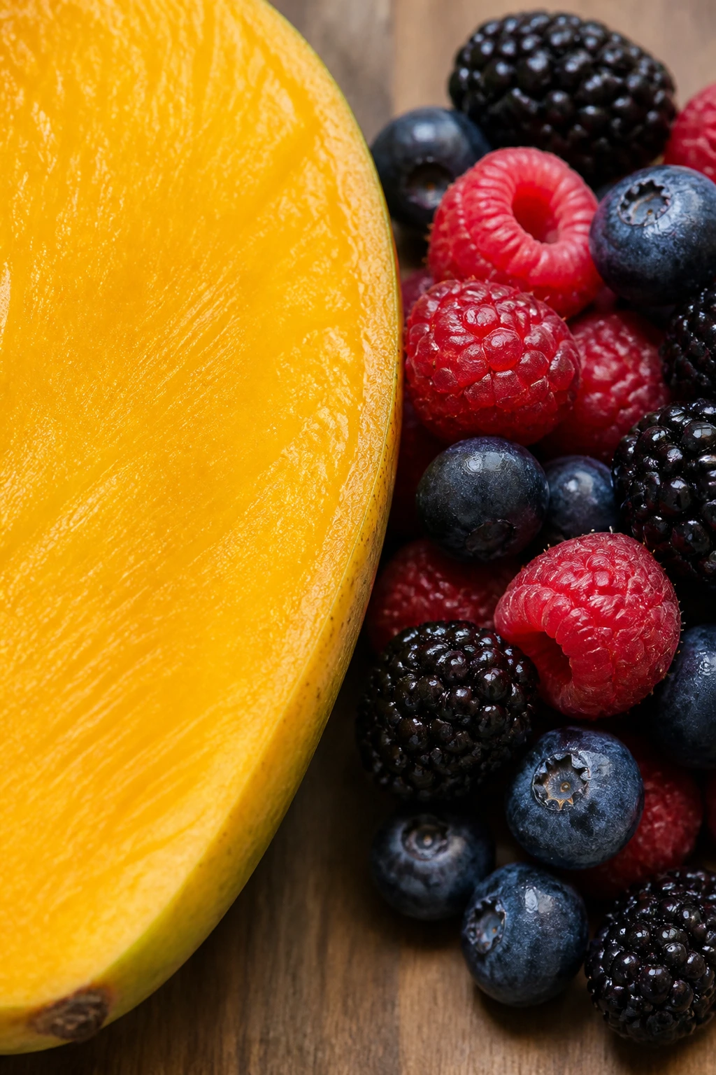 The Reasons Why Mangoes Are Not Actually Considered Berries 3 Mango half and berry side by side in rustic setting