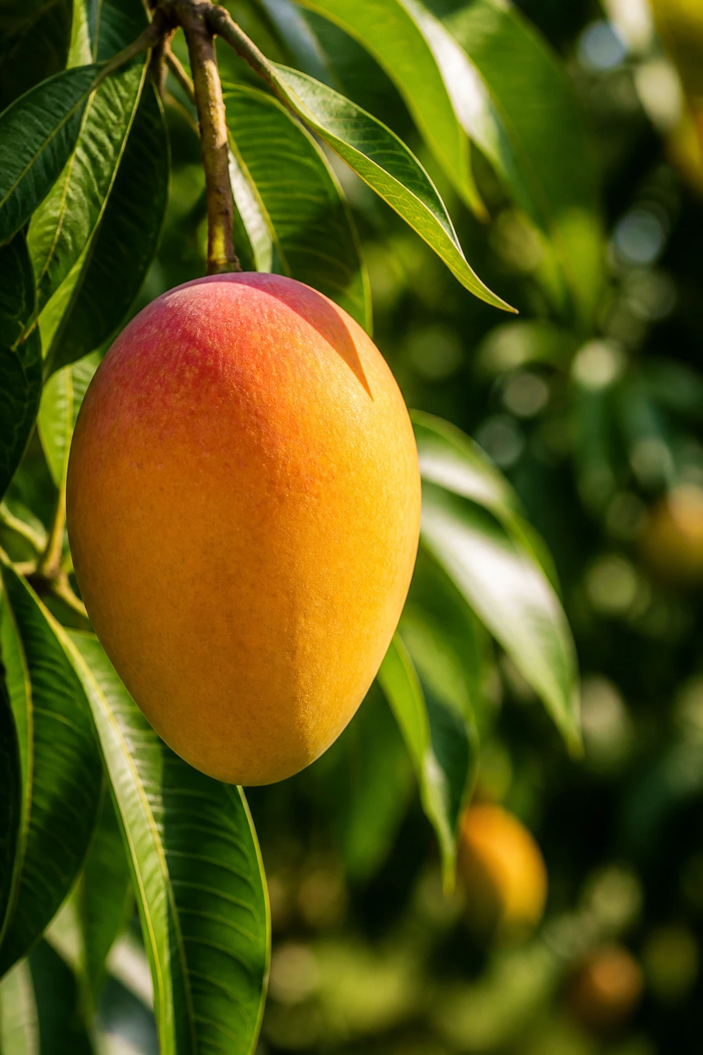 Ripe mango on a branch in a tropical garden