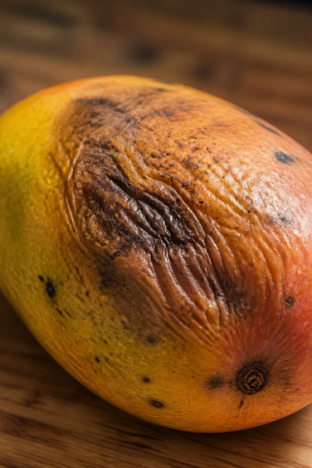From Unripe to Ripe: How Long Do Mangoes Last? 4 Close-up of a bruised mango on a wooden kitchen counter