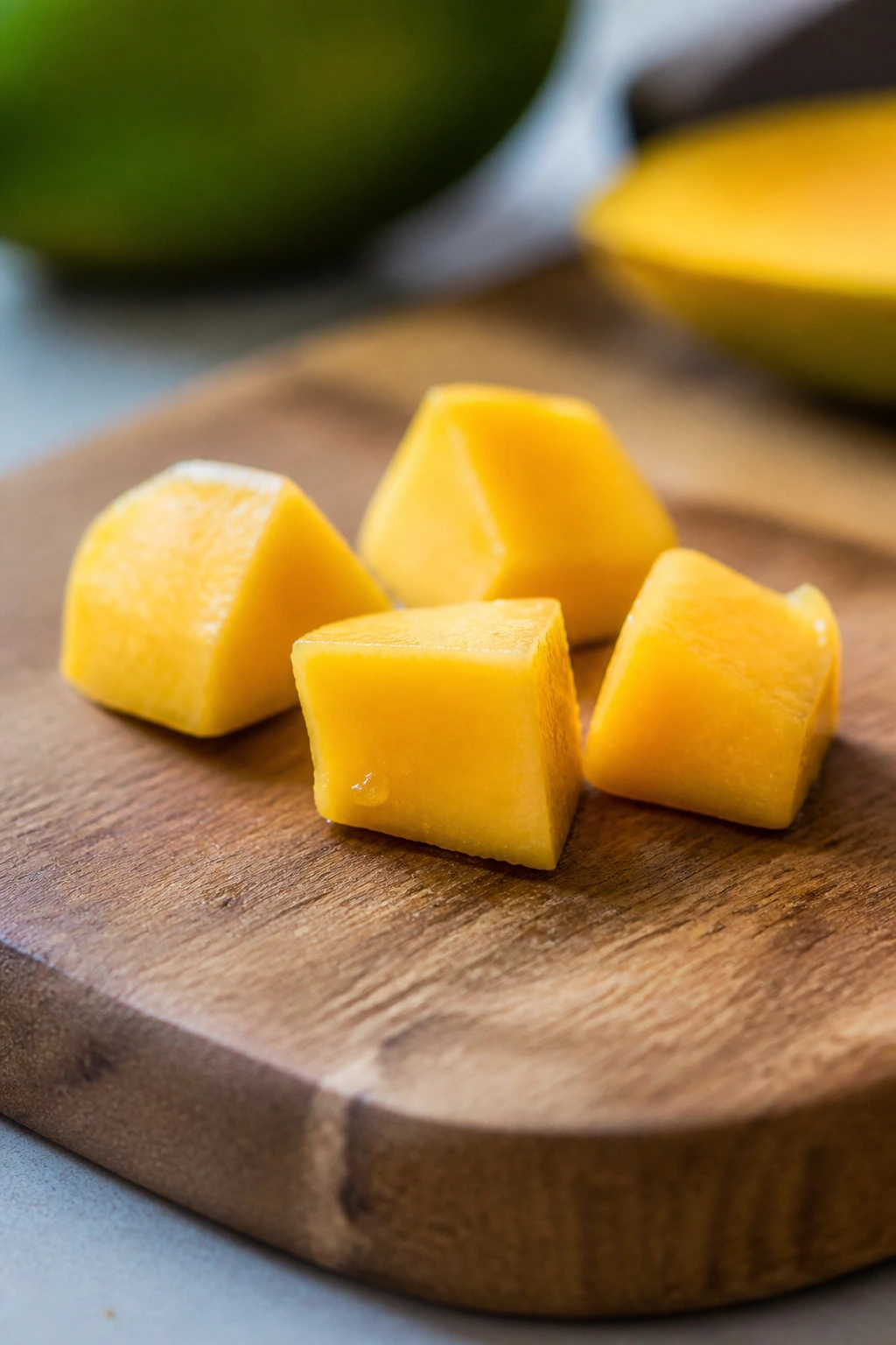 Can Rabbits Eat Mangoes Or Mango Skin? 3 Small mango chunks on wooden board, illustrating proper portions for rabbit treats.