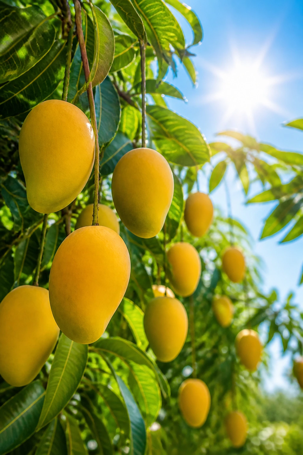 Mangoes on a tree branch under a bright Indian sun