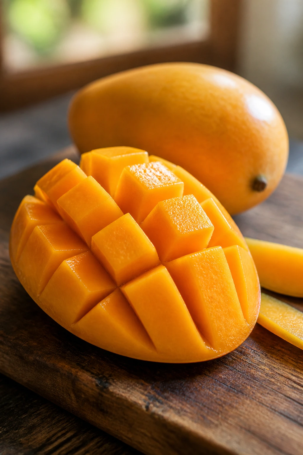 Close-up of a ripe mango on a cutting board showing bright orange flesh