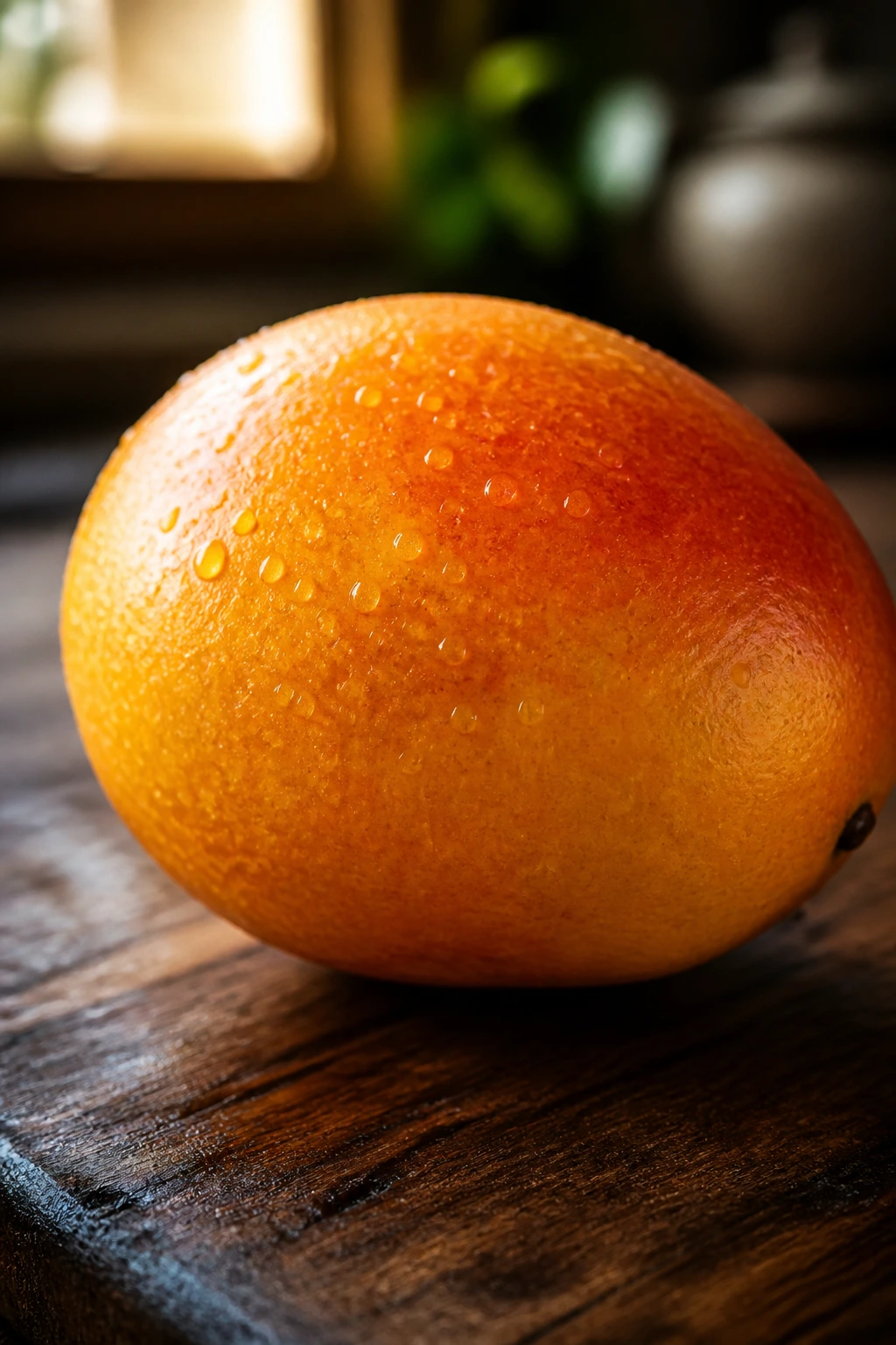 Close-up of a ripe mango filling the frame with orange-yellow skin
