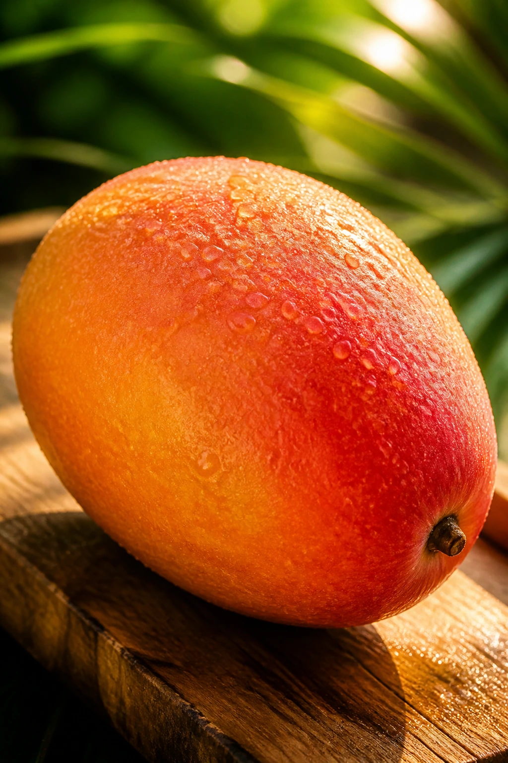 Close-up of a ripe mango on a wooden board with tropical leaves in the background