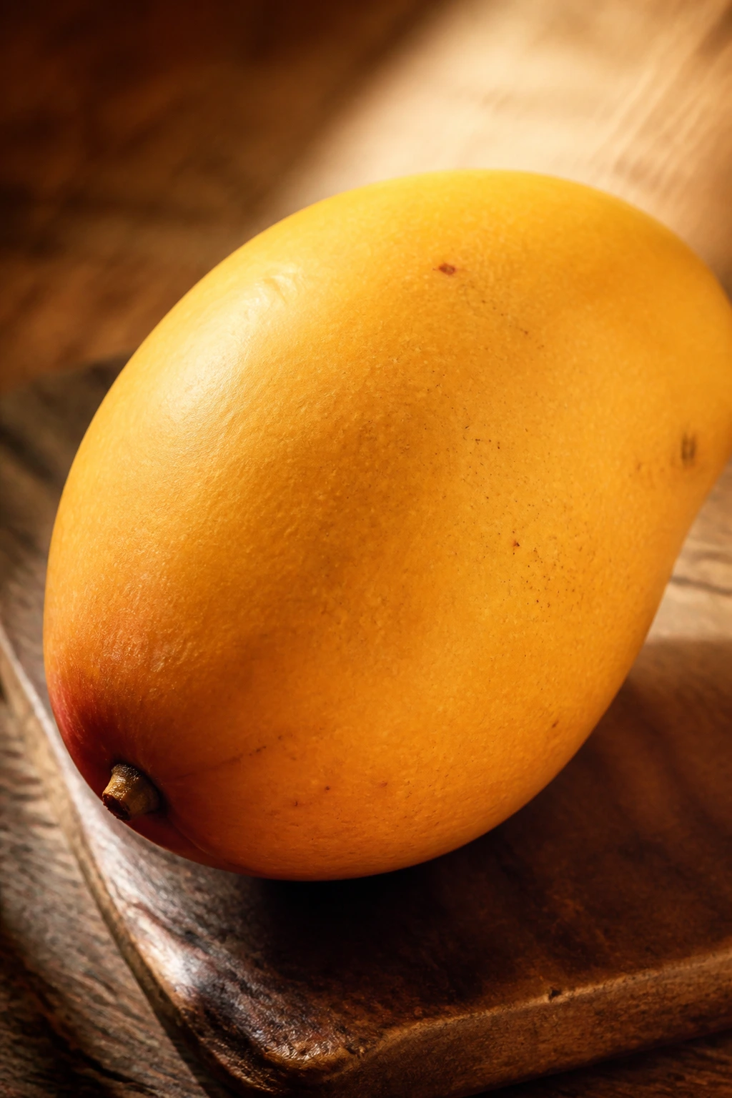 Close-up of a ripe mango on a wooden board in warm light