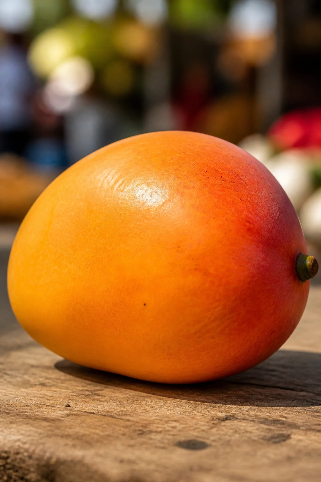Close-up of a ripe Alphonso mango on a wooden surface in warm outdoor light