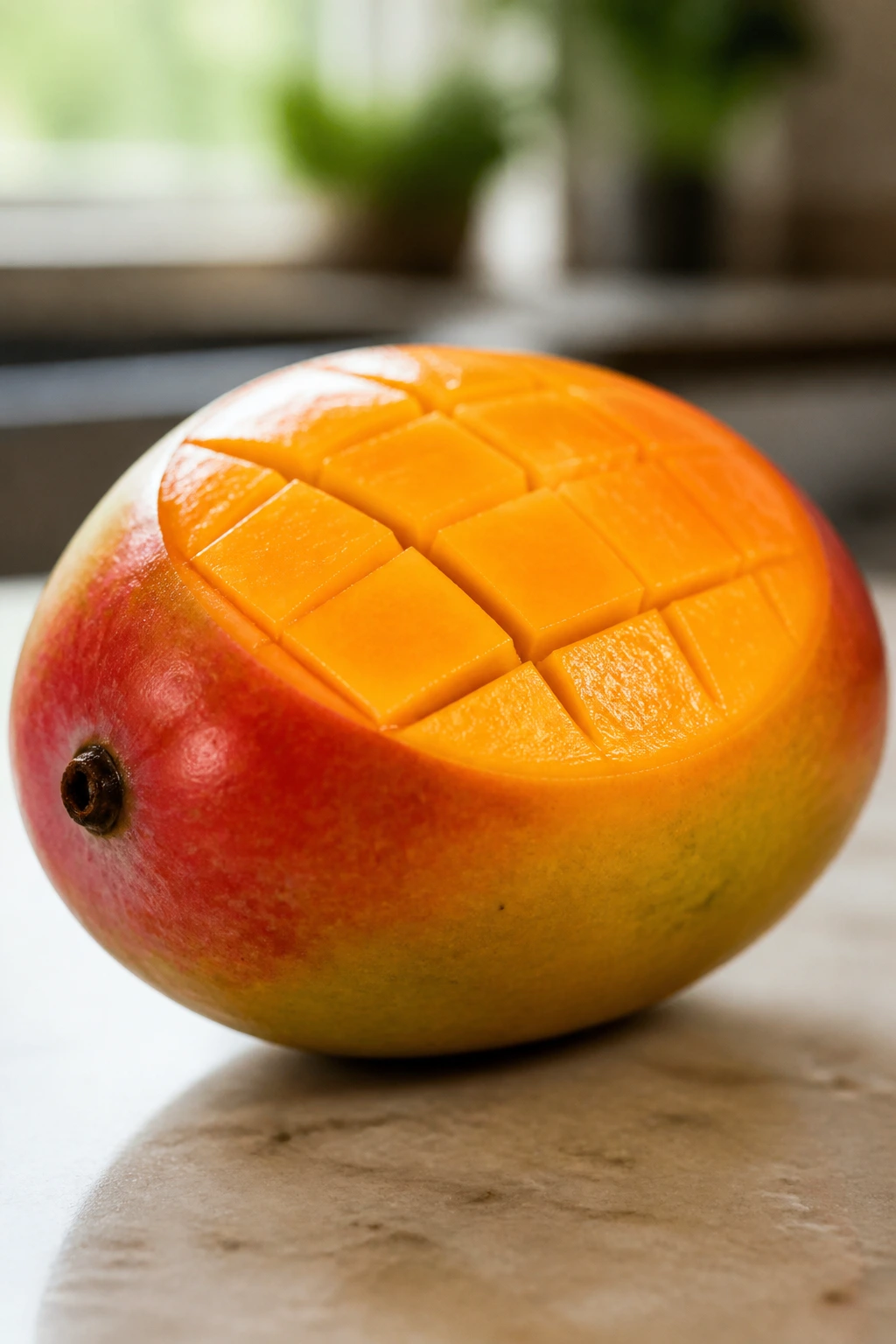 Gut Reactions: Does Eating Mango Cause Bloating? 2 Close-up of a ripe mango on a kitchen counter in daylight