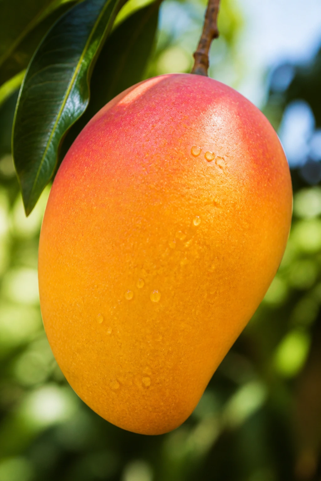 Close-up of a ripe mango in a sunlit garden