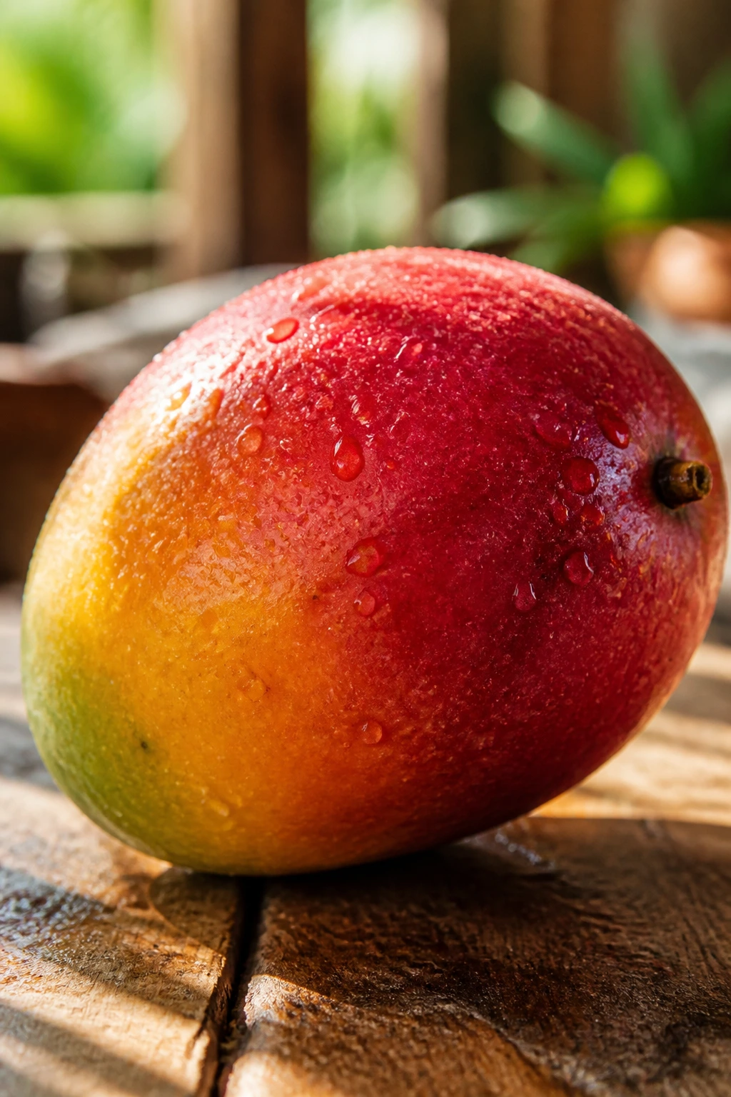 Close-up of a ripe mango with glossy red-yellow skin on a rustic wooden table