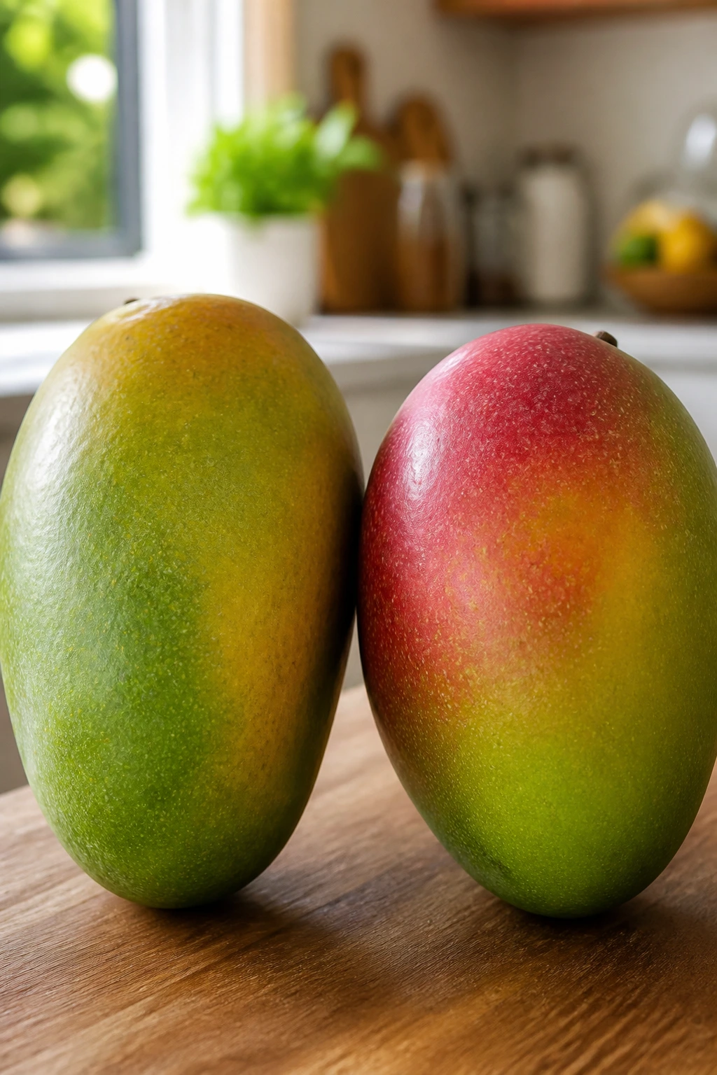 Keitt Vs Kent Mango: The Ultimate Comparison 3 Two ripe mangoes side by side showing Keitt and Kent varieties on a wooden counter