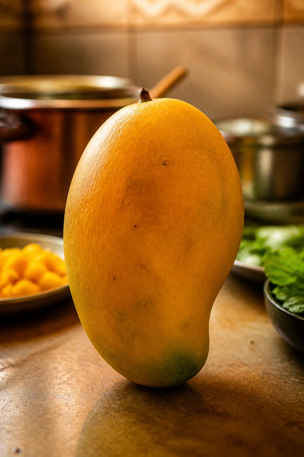 Ripe mango on kitchen counter with blurred cooking background