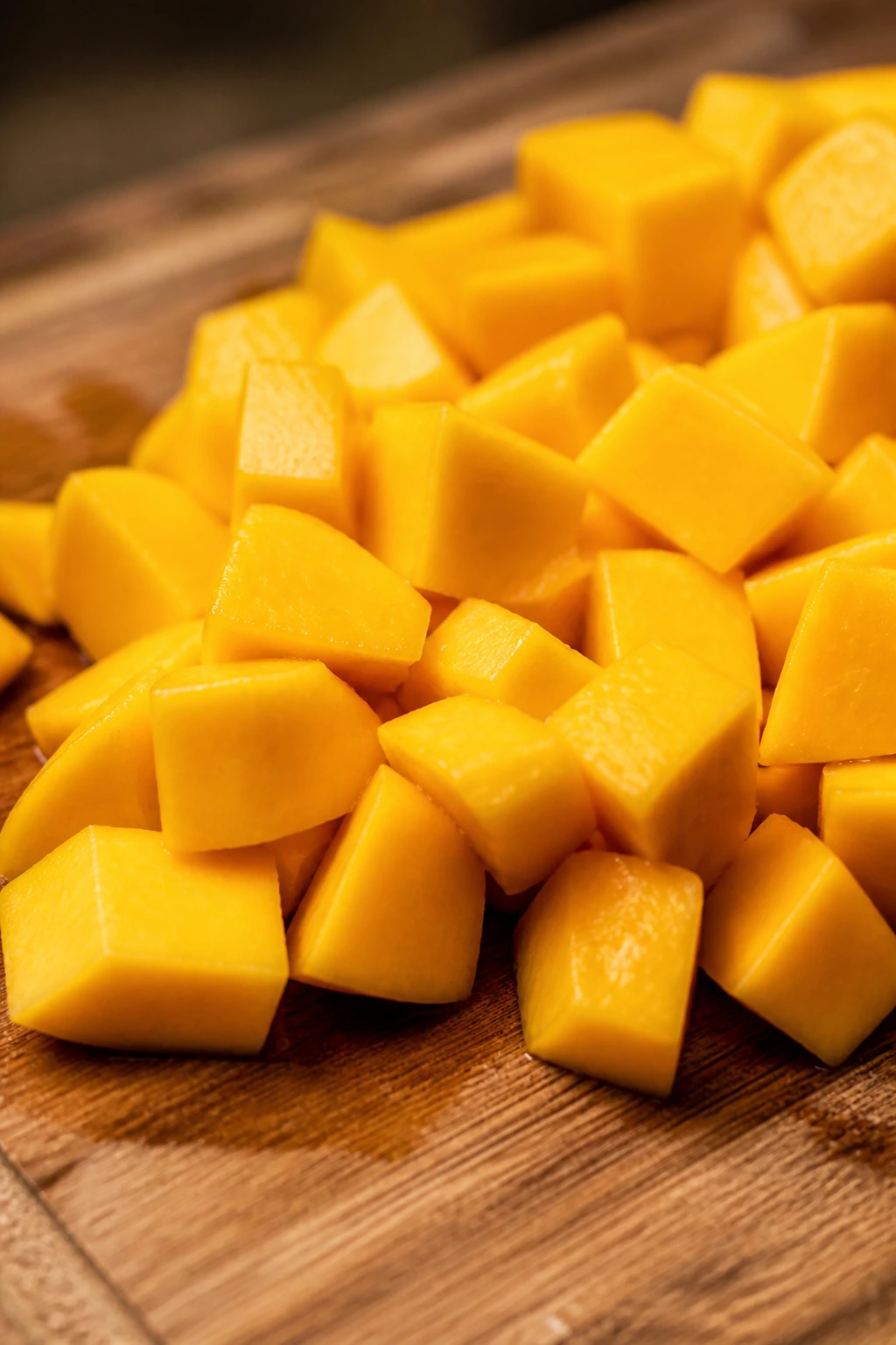 Mango chunks on a cutting board ready for cooking