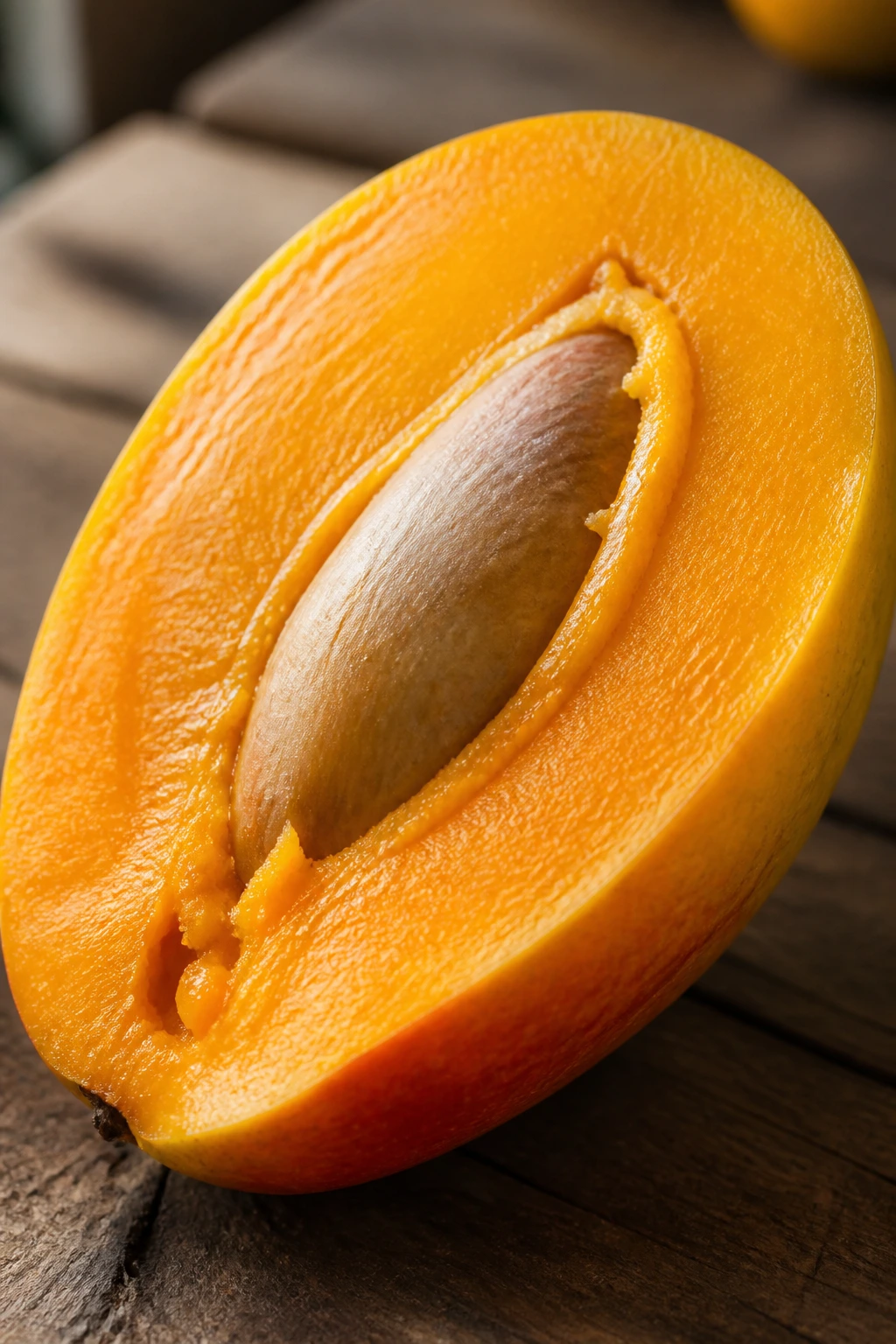 Close-up of a ripe mango cut in half showing orange flesh and large seed.