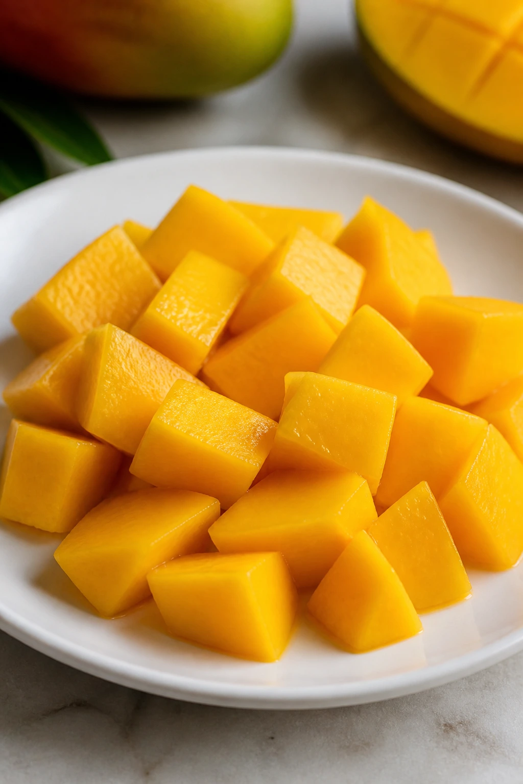 Diced mango cubes on plate ready for dish
