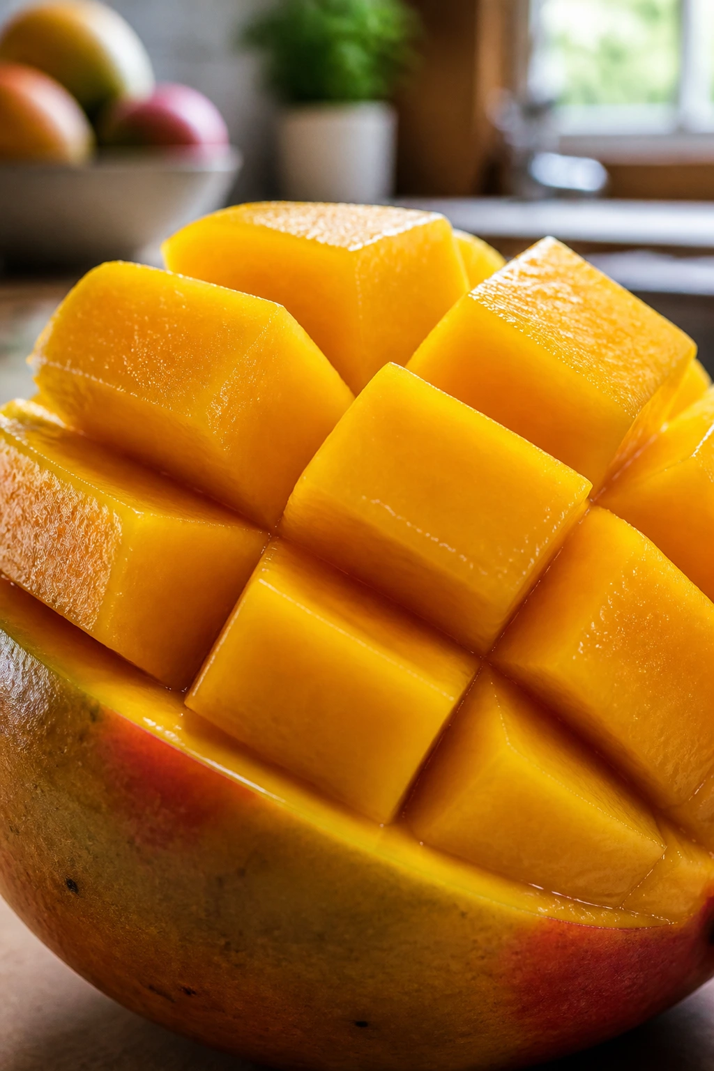 Close-up of a mango half with diced mango inside on a blurred kitchen background