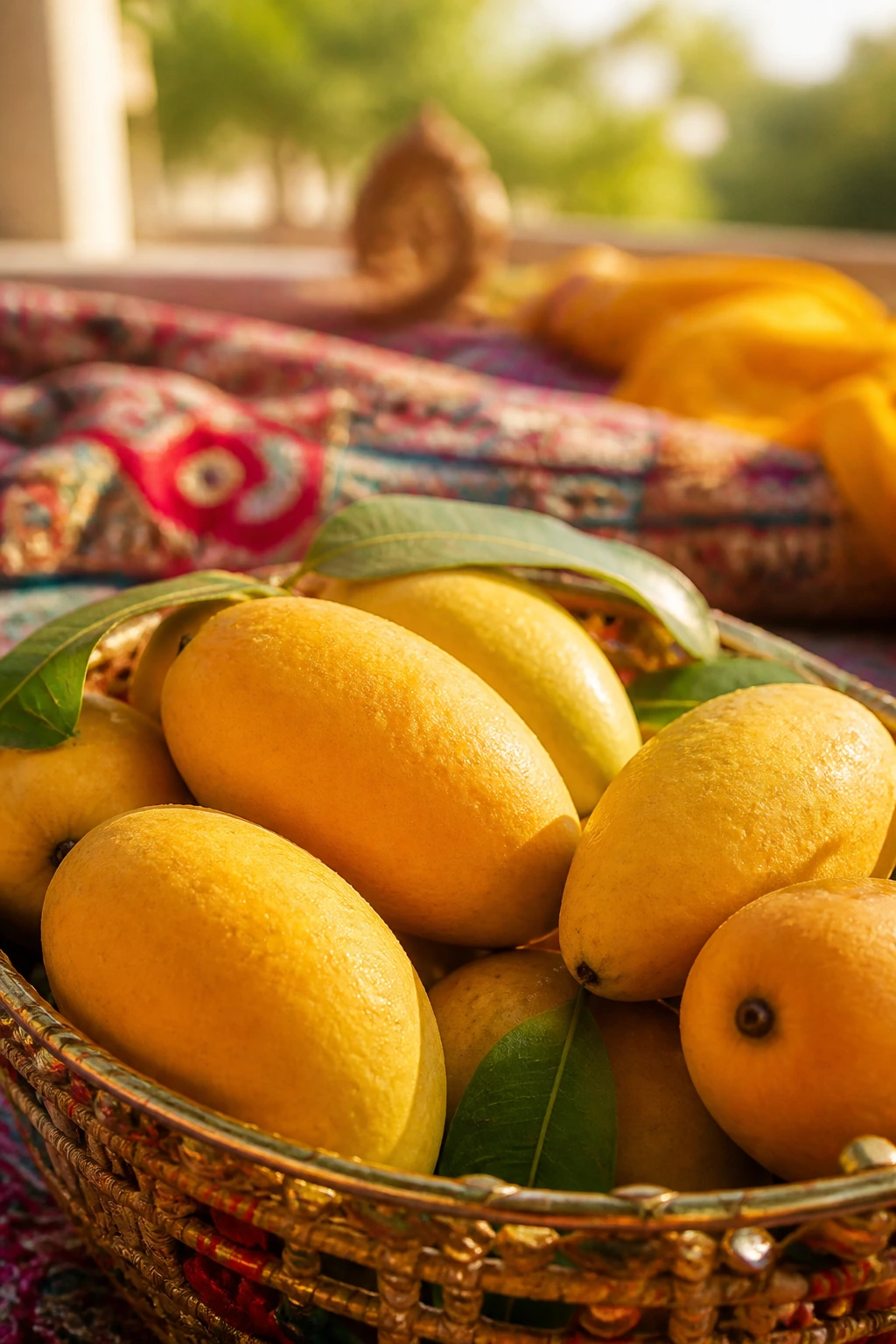 Mango framed against a colorful traditional fabric backdrop suggesting Pakistani culture