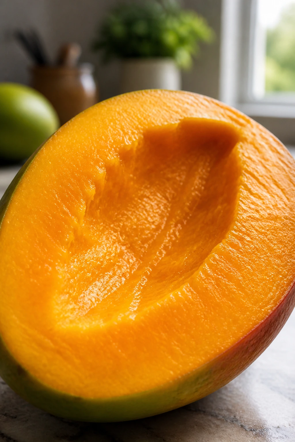 Halved mango exposing bright orange flesh on a kitchen counter.