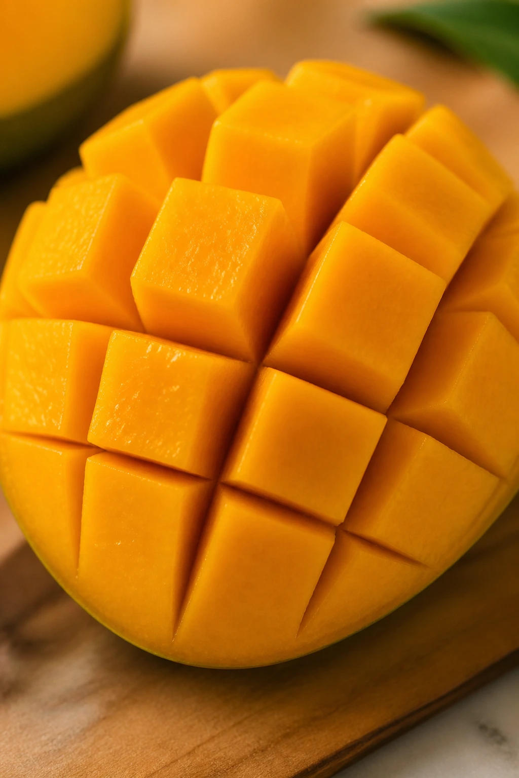 Avocado Vs Mango: The Ultimate Comparison 6 Close-up of mango halves ready for slicing on a kitchen counter