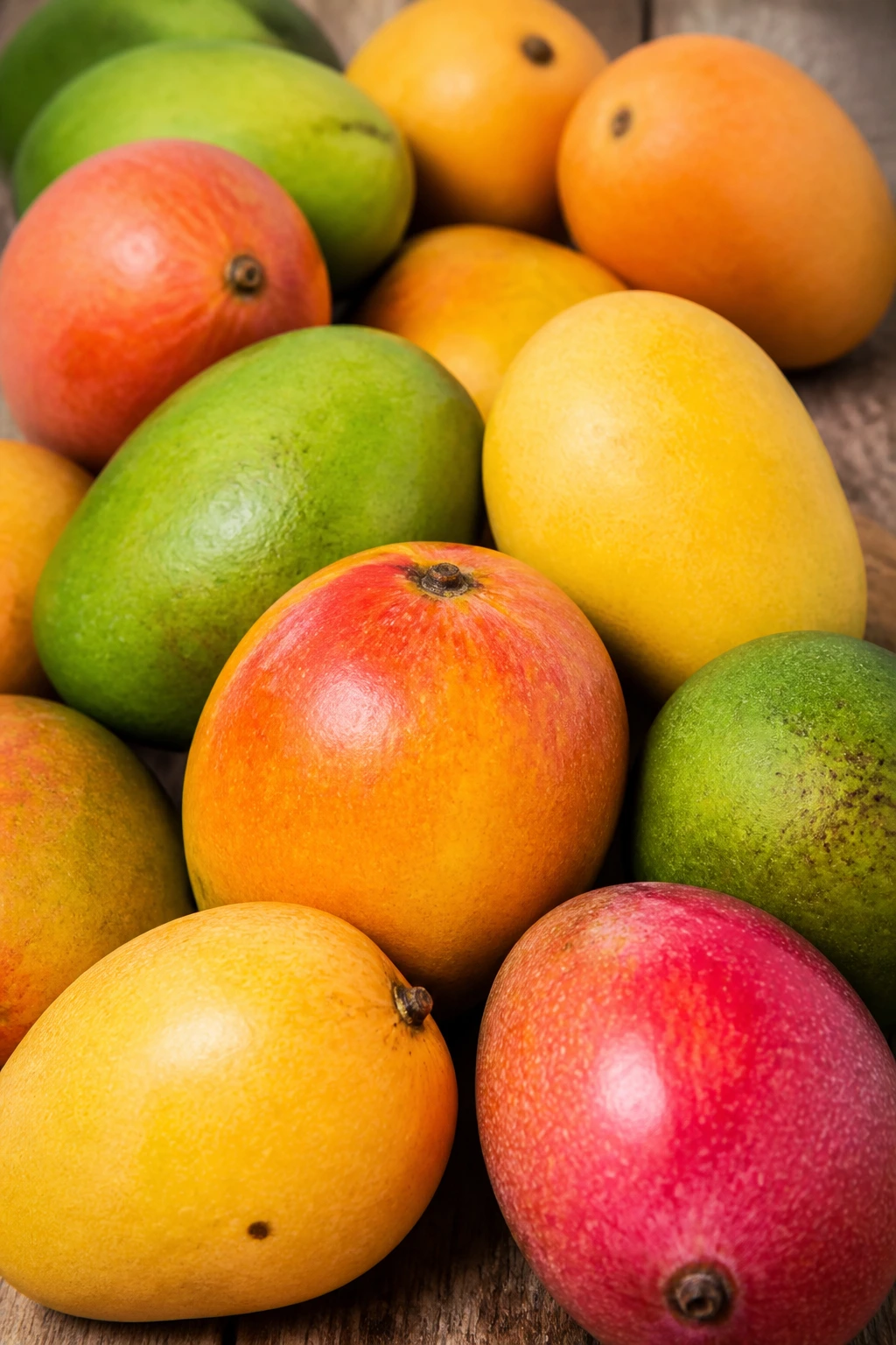 Close-up cluster of diverse mangoes on a wooden surface