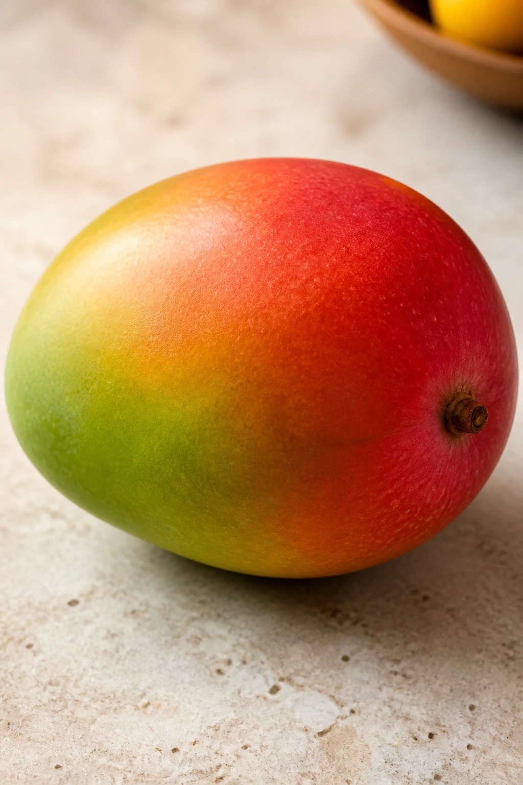 Close-up of a ripe mango with green-to-red skin on a kitchen counter.