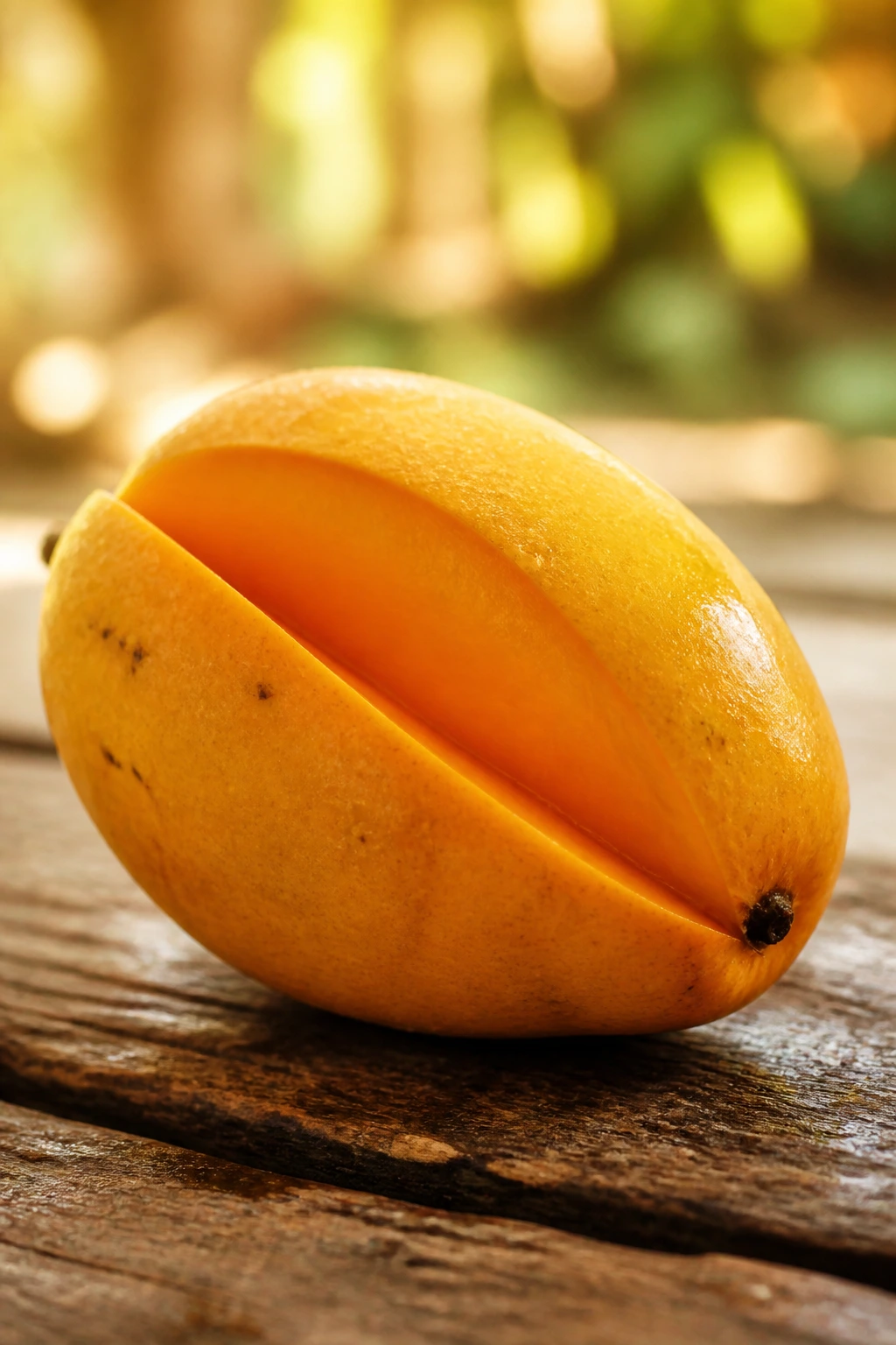 Ripe mango with a slice removed revealing juicy flesh in warm light