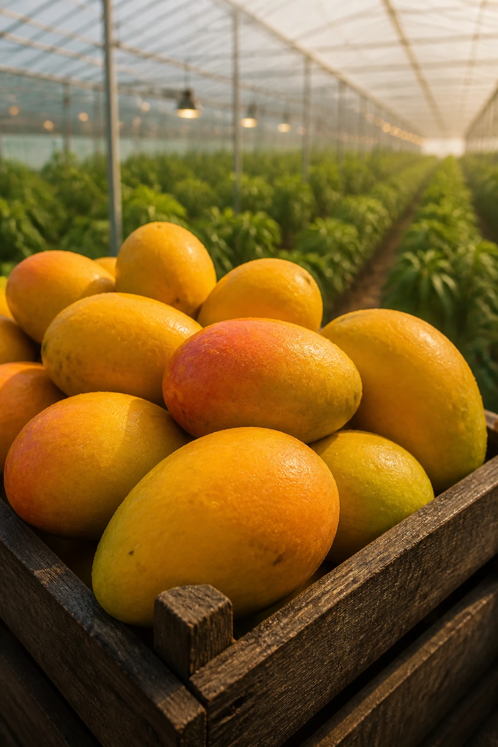 Mangoes in a crate with a distant futuristic greenhouse