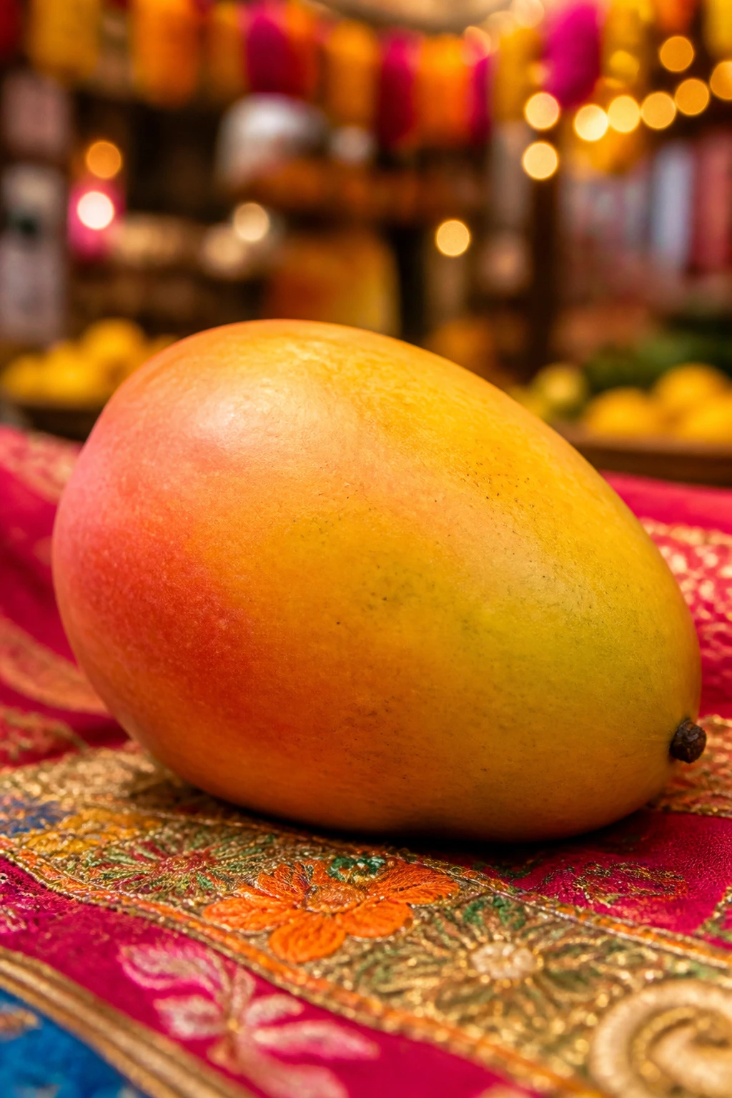 Mango on colorful fabric with festive background lighting