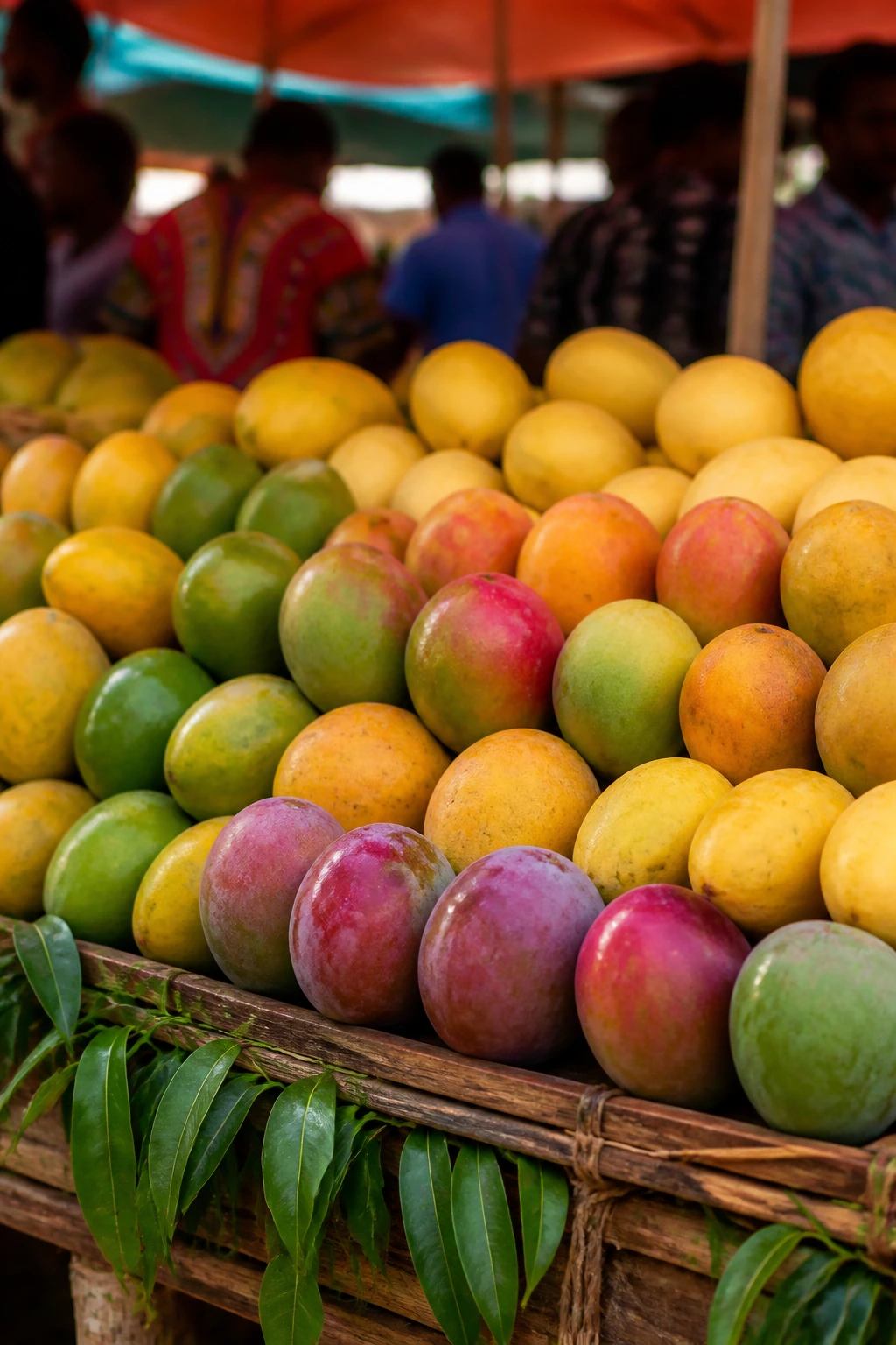 Close-up of vibrant mango varieties on a rustic stall at a Kenyan mango festival