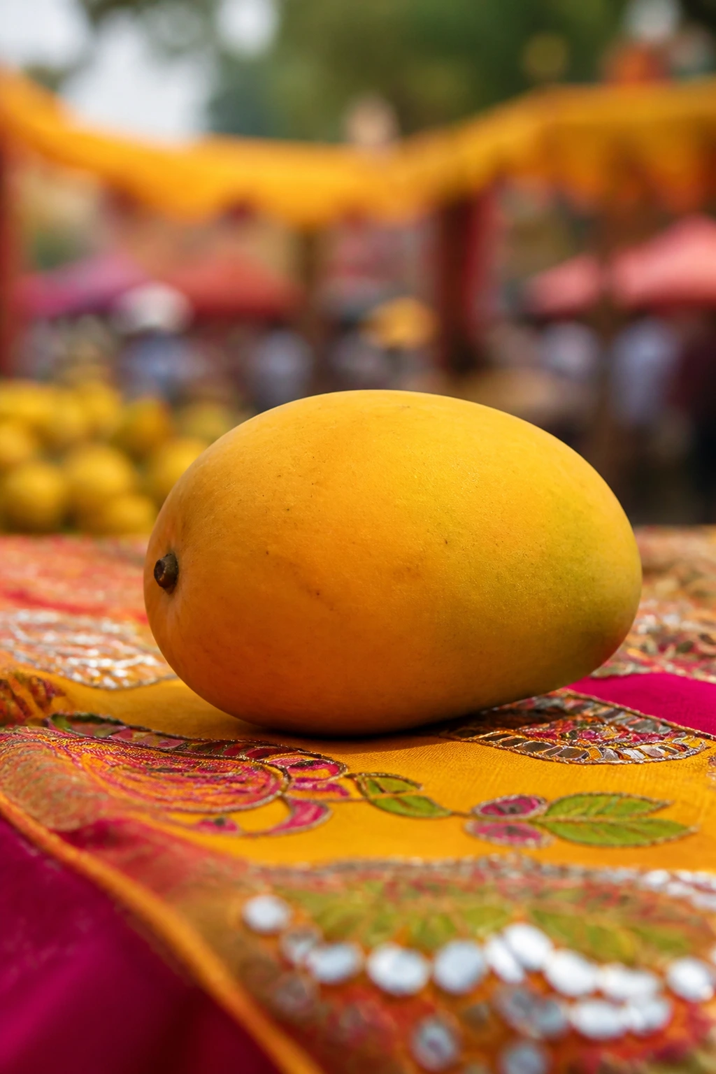 Single ripe mango on festive fabric background