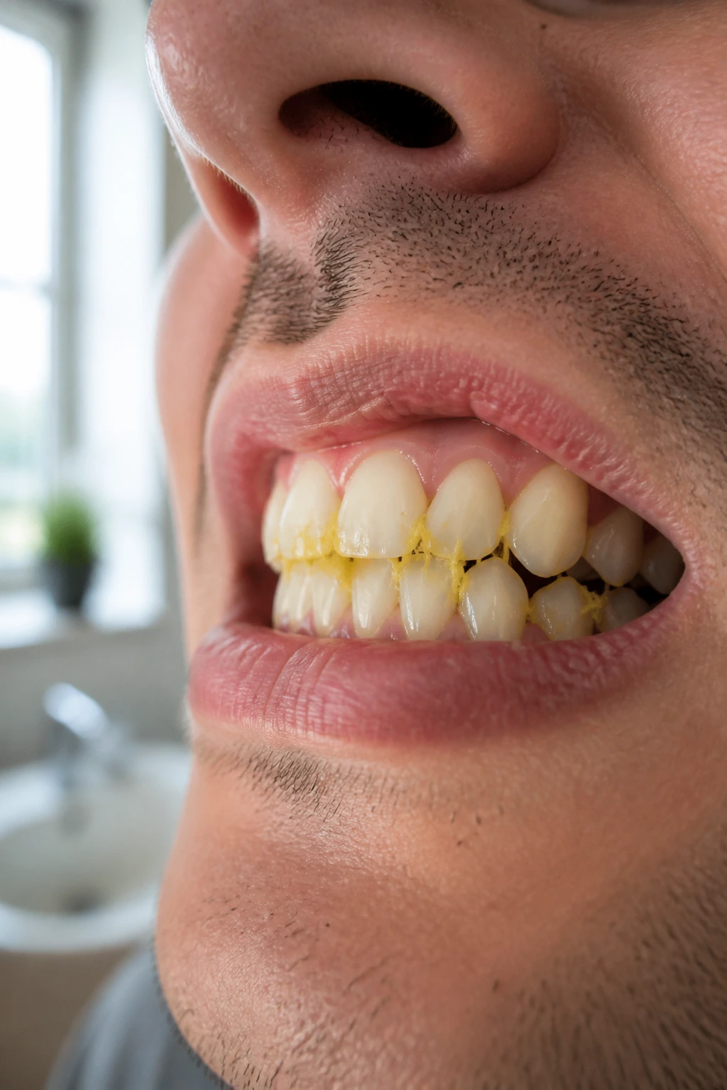 How To Get Mango Out Of Your Teeth & Prevention 1 Close-up of mango fibers stuck between teeth in a real mouth