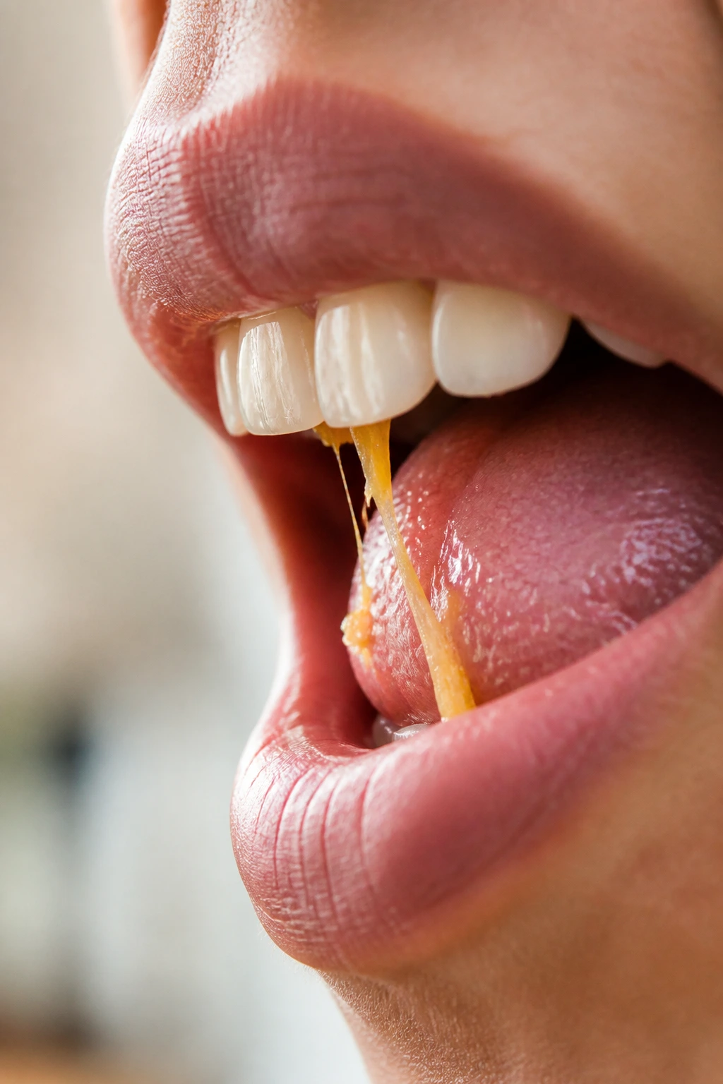 How To Get Mango Out Of Your Teeth & Prevention 3 Mango fibers between teeth being nudged loose by the tongue